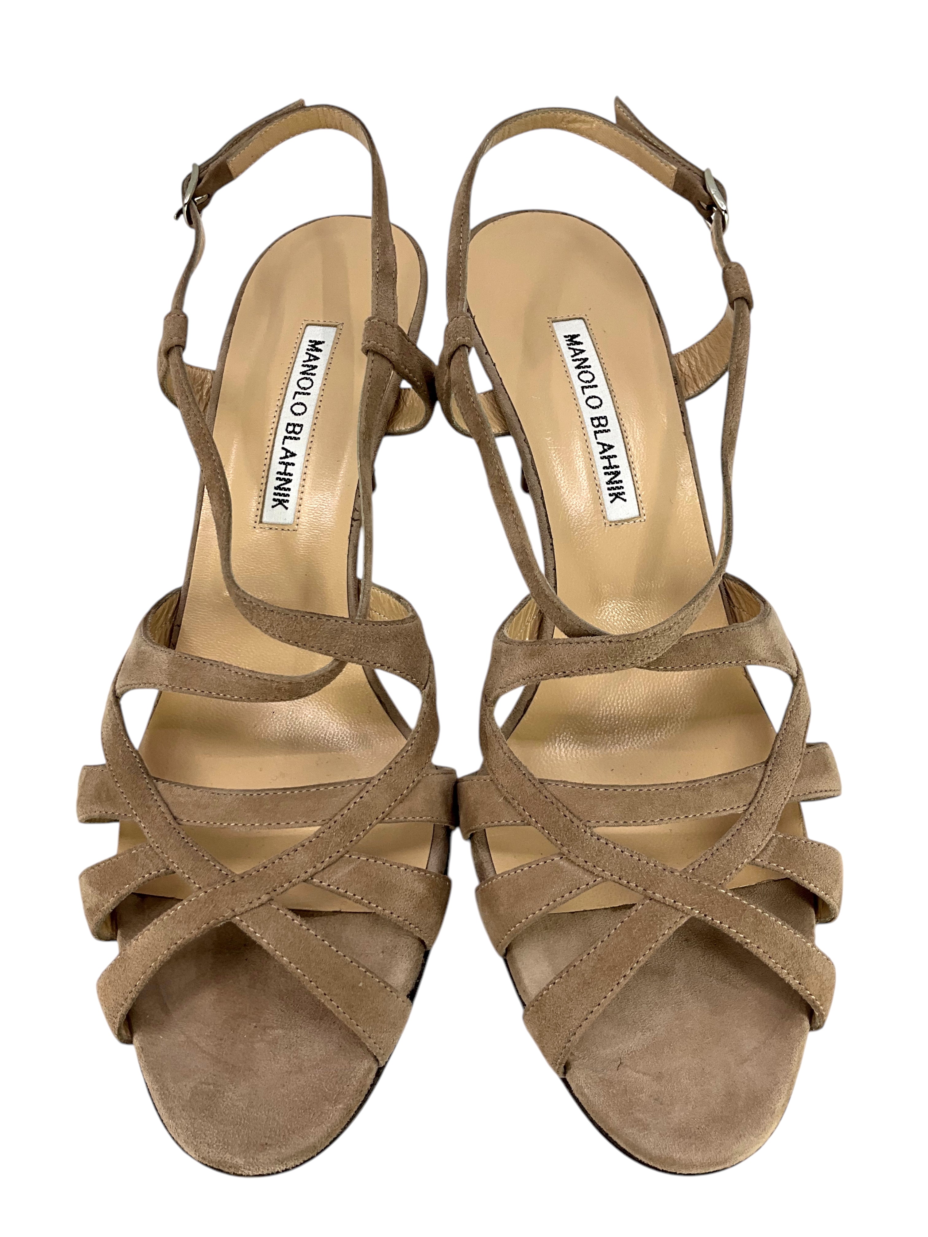MANOLO BLAHNIK Women's Strappy Suede Sandals Size 8.5 - Luxury High Heel Dress Shoes for Weddings, Parties & Evening Events
