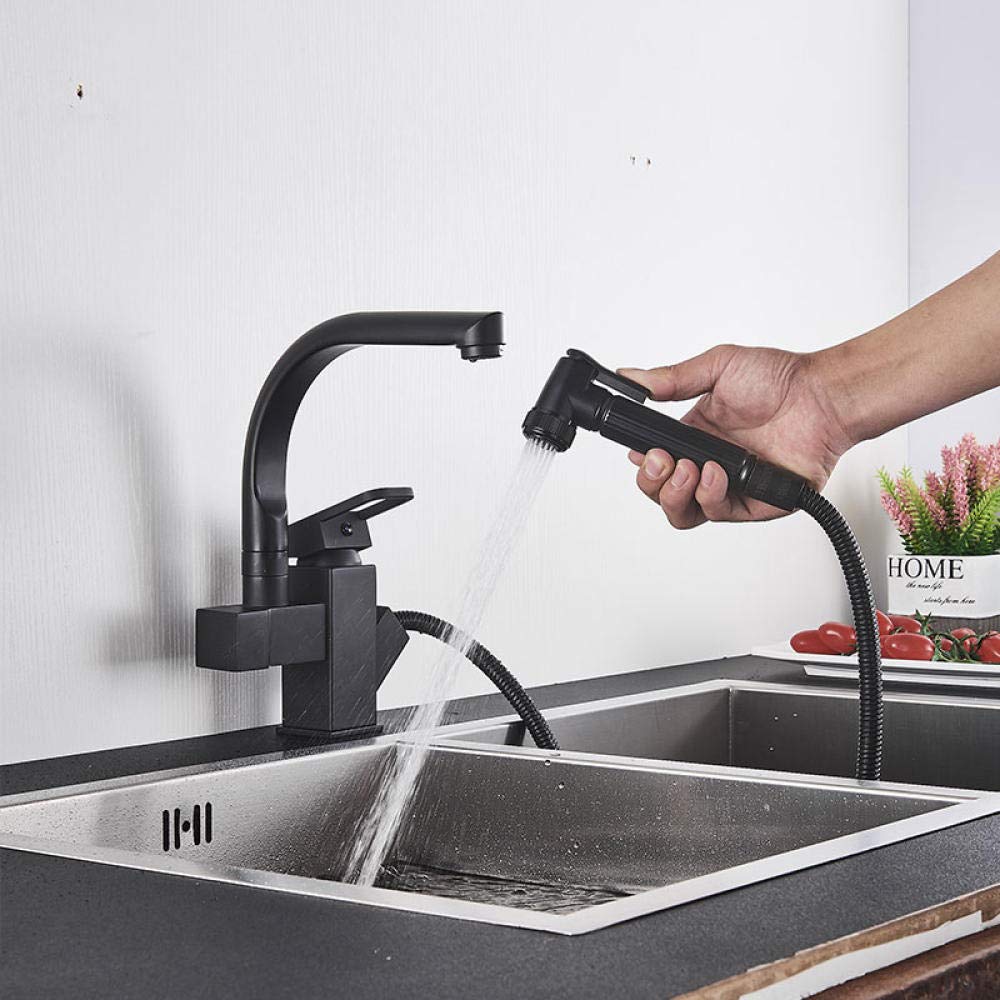 Matte Black Kitchen Sink Faucet with Pull-Out Sprayer - Hot and Cold Water Mixer Tap with 360° Swivel Spout - Perfect for Modern Kitchens and Bidet Installations