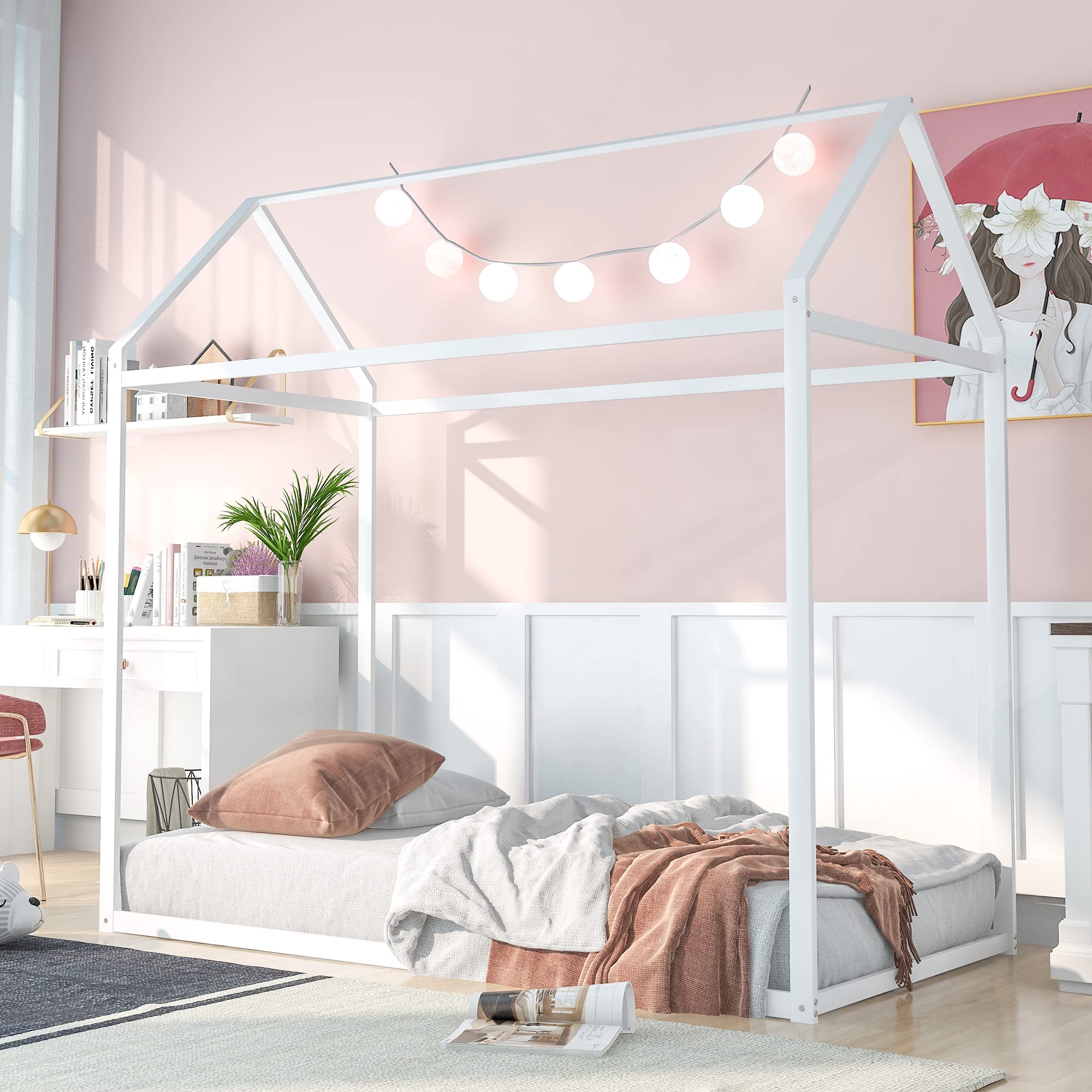 Twin Size House Bed Frame for Kids - Sturdy Metal Platform Bed with No Box Spring Needed - White - Perfect for Boys & Girls Bedrooms, Playrooms & Sleepovers