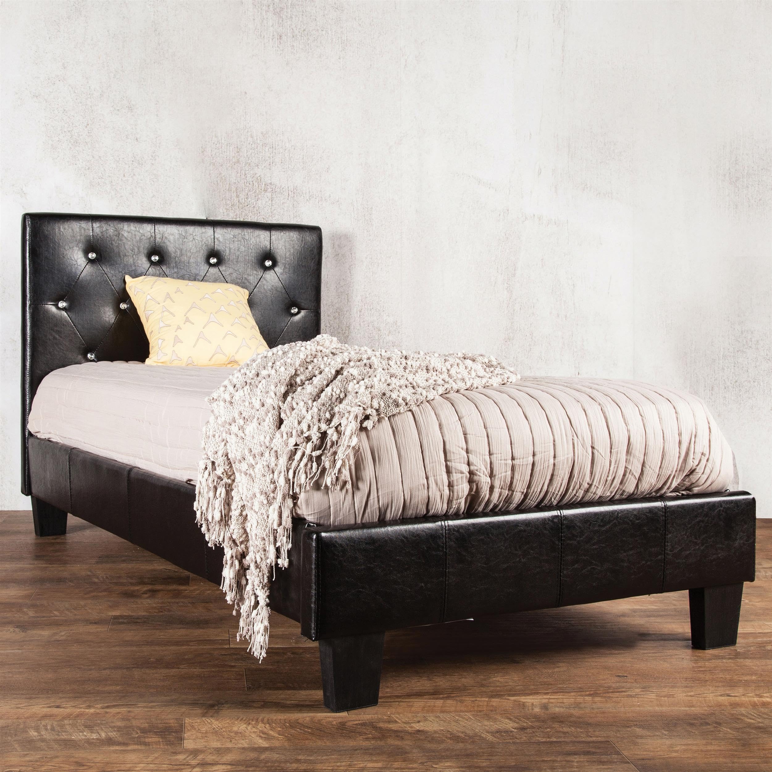 Furniture of America Kylen Faux Leather Twin Size Platform Bed Frame in Black - Modern Minimalist Bedroom Furniture for Small Spaces & Guest Rooms