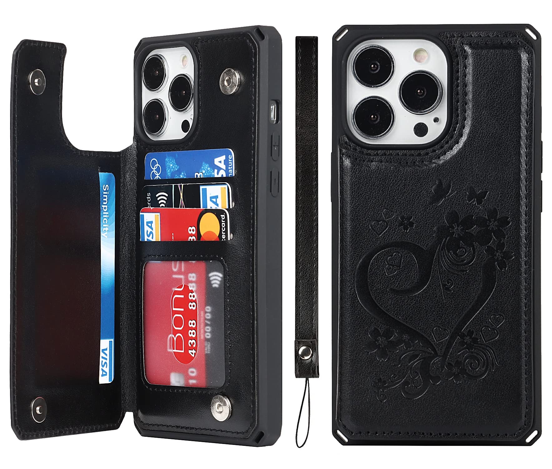 iCoverCase iPhone 13 Pro Max Wallet Case with Card Holder & RFID Blocking - PU Leather Phone Cover with Wrist Strap for Women (6.7 Inch, Heart Black) | Perfect for Everyday Use, Travel & Secure Contactless Payments