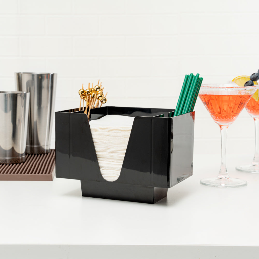 Black Plastic Condiment Caddy & Napkin Holder - 3 Compartments, 8