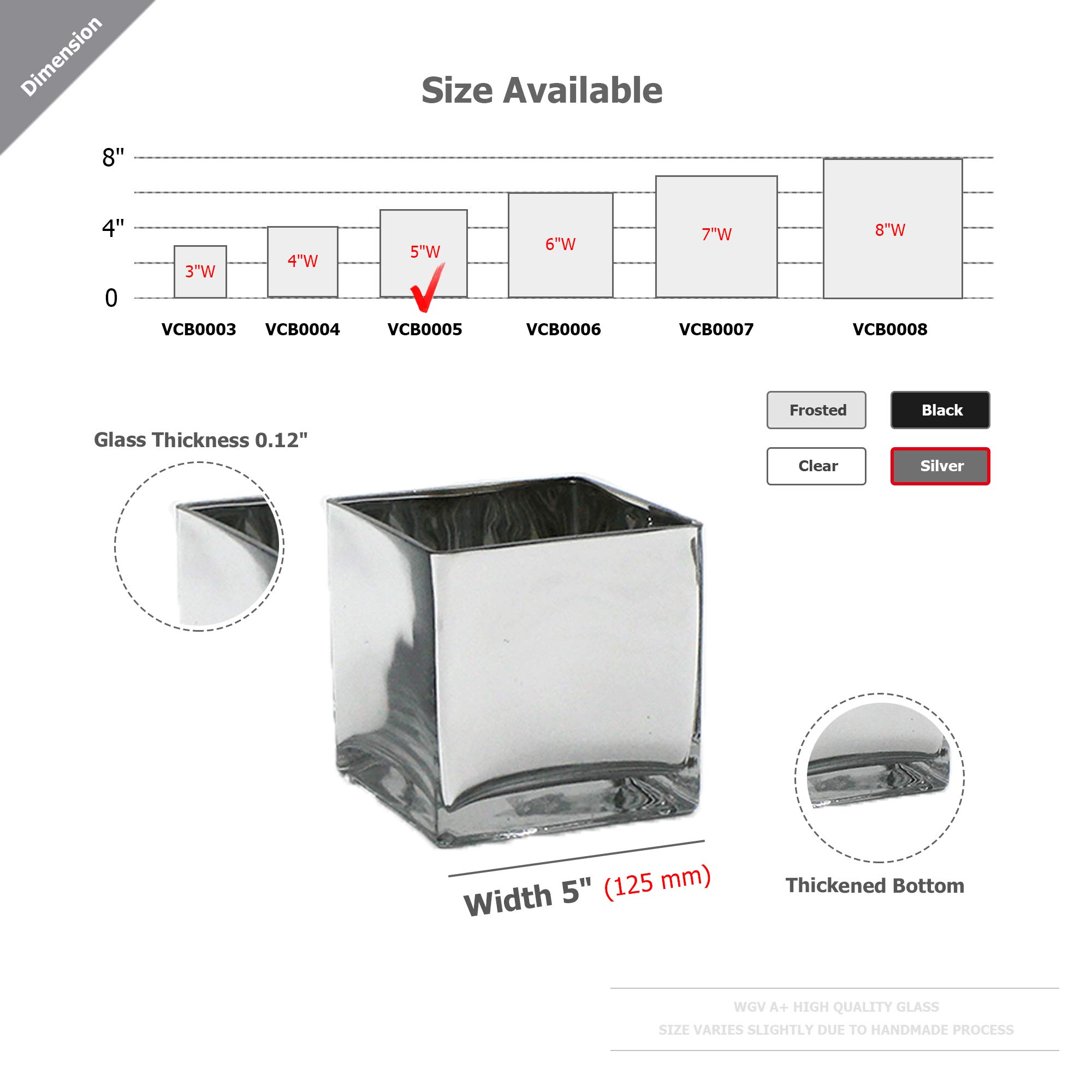 WGV 5x5x5 Inch Cube Glass Vase Bulk - Elegant Silver Floral Accent Container for Candles, Plants & Storage | Perfect for Wedding Decor, Party Centerpieces, Office & Home Decor (12-Piece Set)