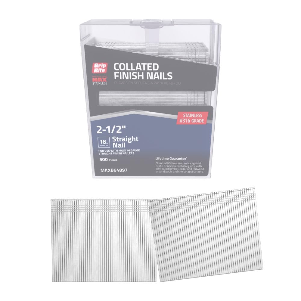 Grip Rite Prime Guard MAXB64897 2-1/2-inch 316 Stainless Steel 16-gauge Straight Finish Nails, 500 per Belt Clip - Ideal for Outdoor Decking and Marine Applications