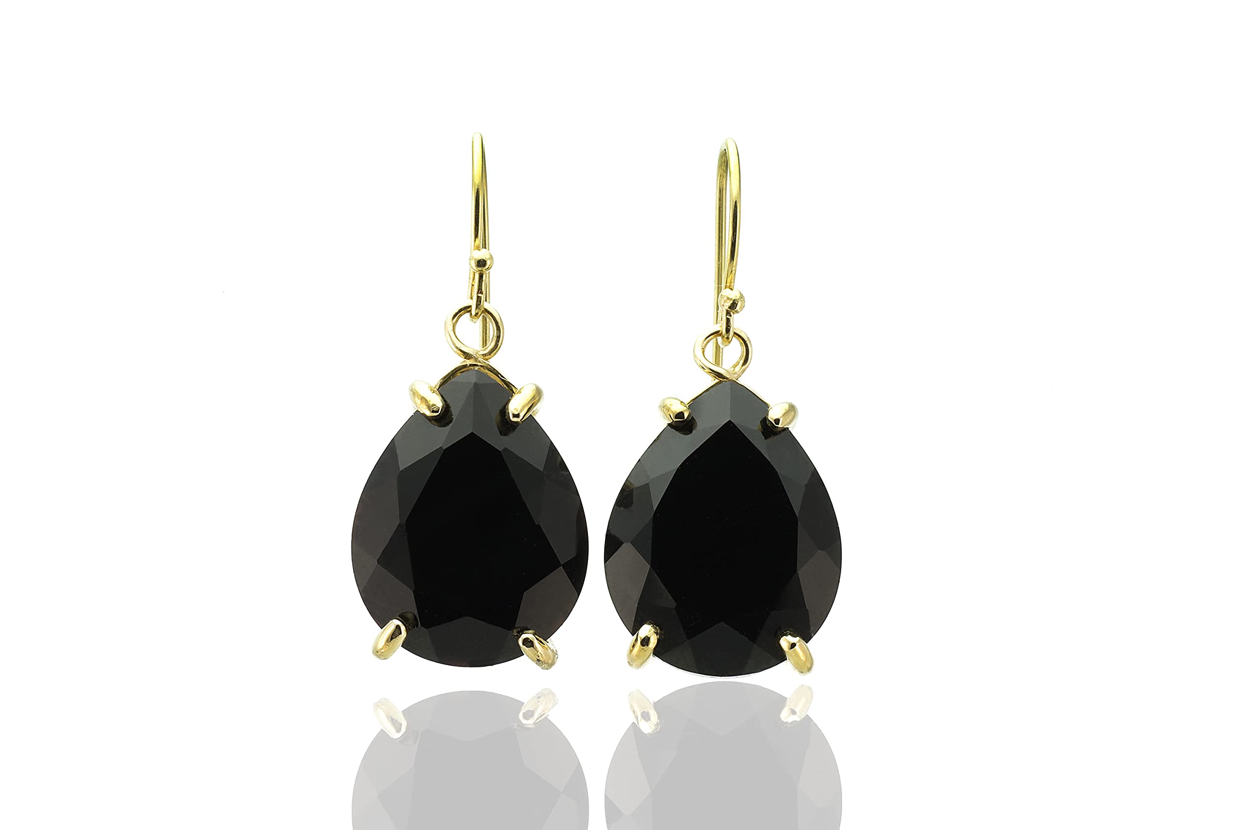 Pear Cut Black Onyx Gold Dangle Earrings for Women - Handmade Teardrop Gemstone Statement Jewelry - Large Pear Shaped Onyx Earrings - Diamond Alternative Semiprecious Earrings for Evening Parties, Weddings & Special Occasions