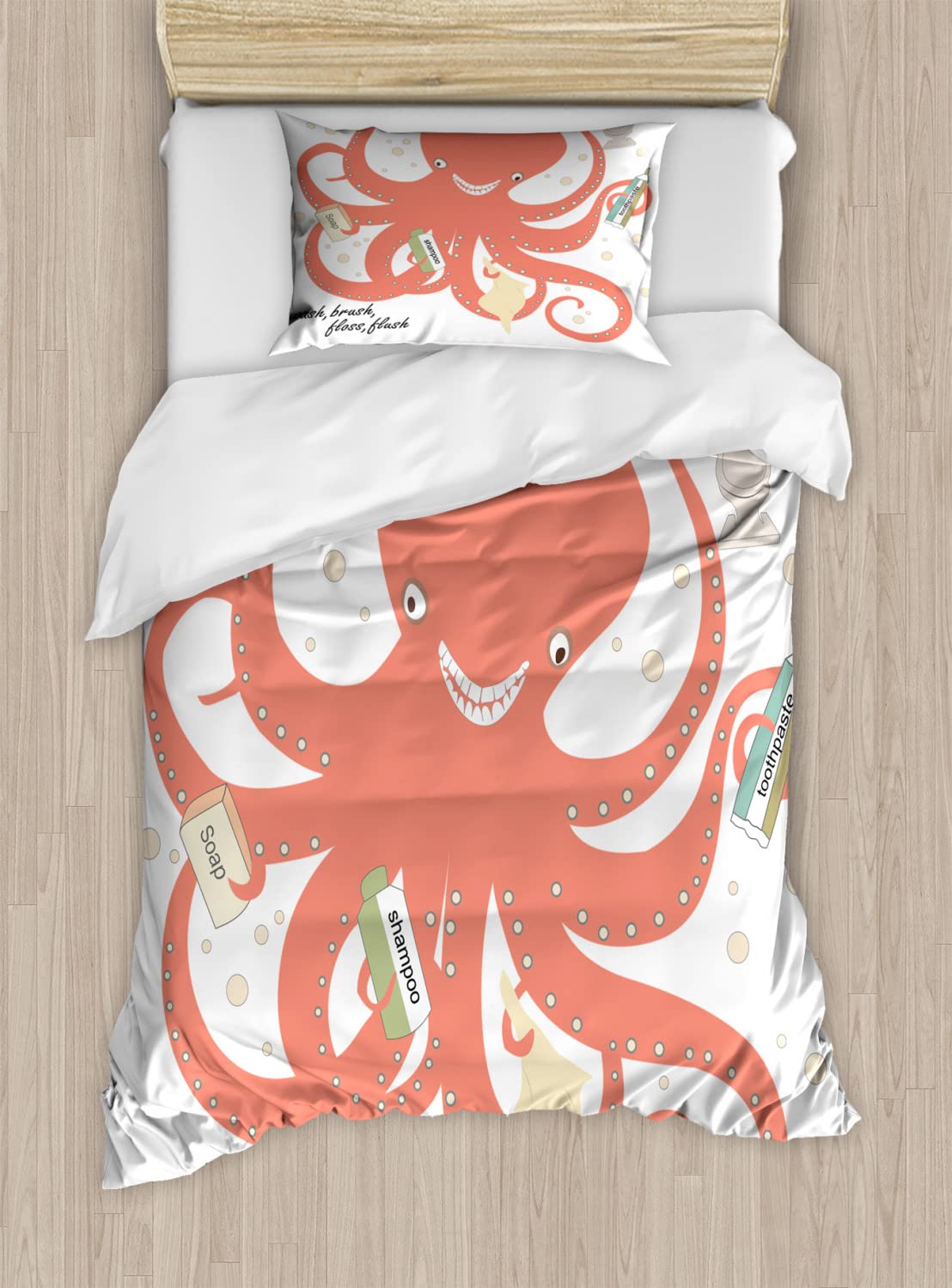 Ambesonne Nautical Duvet Cover Set - King Size 2-Pack with Octopus Design, Includes 2 Duvet Covers & 4 Pillowcases, Coral Beige Green - Perfect for Beach House Decor, Coastal Bedroom Theme, and Unique Gift Idea