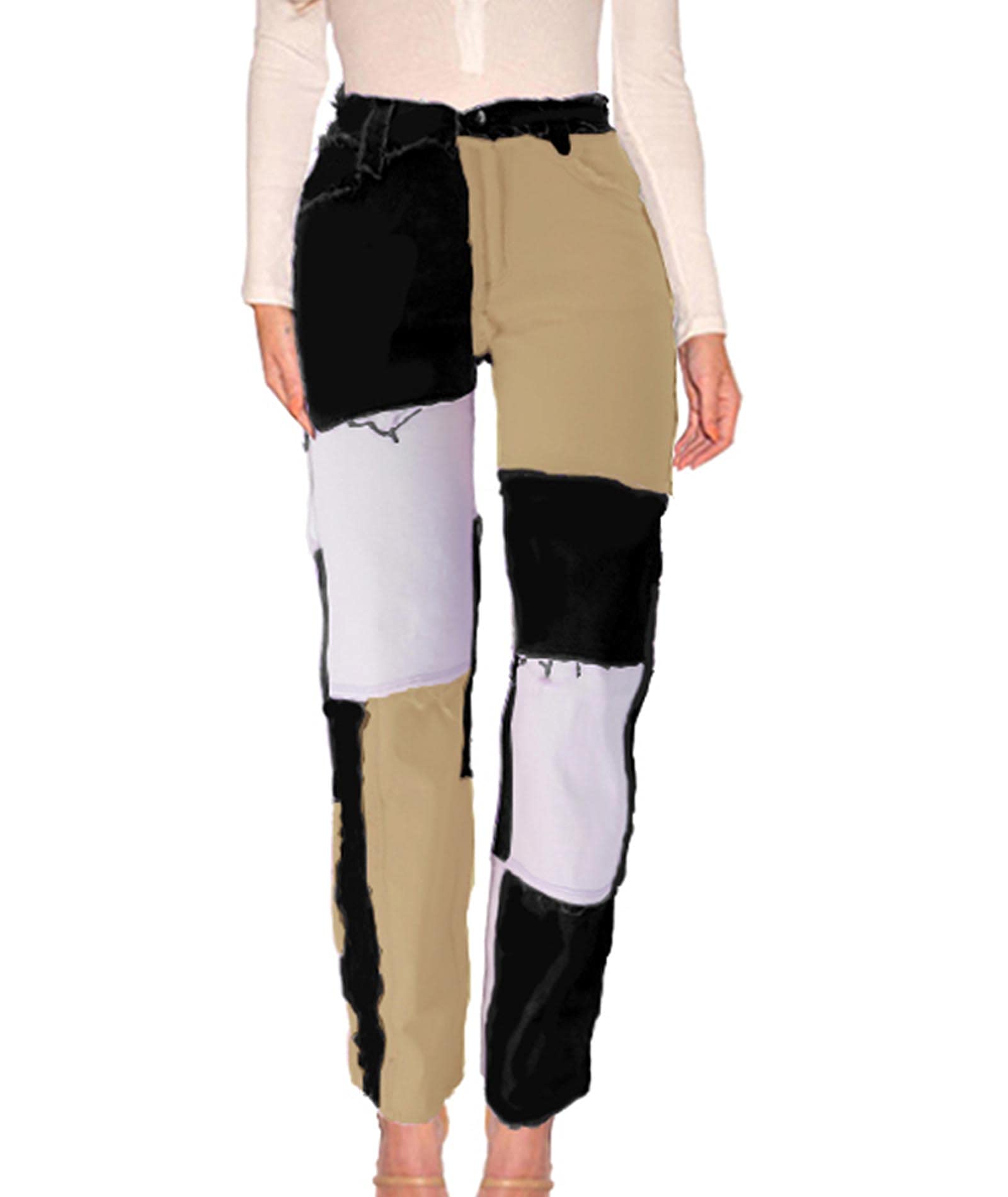 FYEARFOX Women's High Waist Patchwork Jeans - Distressed Raw Hem Denim Pants with Color Block Design | Trendy Streetwear for Casual Outfits, Parties & Daily Wear