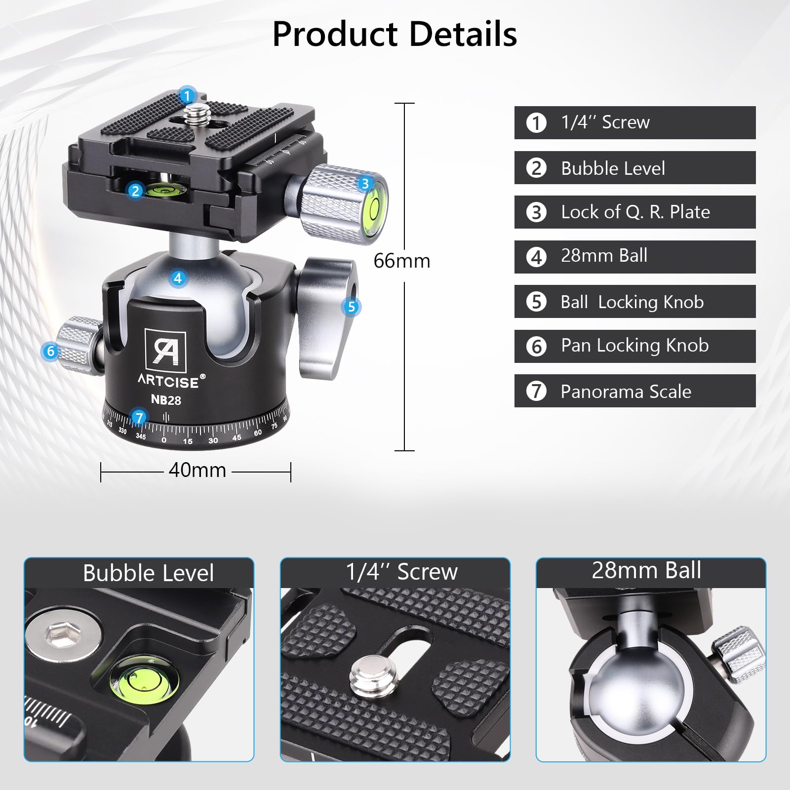 28mm Professional Low Profile Ball Head Tripod with 2 Arca-Swiss Quick Release Plates - CNC Aluminum 360° Rotating Panoramic Ball Head for DSLR Cameras, Monopods & Sliders (Max Load 22lbs/10kg) - Perfect for Landscape, Architecture & Travel Photography