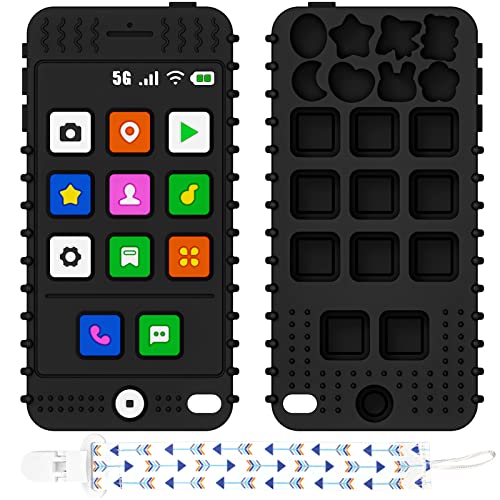 FFTROC Silicone Baby Teething Toys for 6-12 Months - Smartphone-Shaped Sensory Chew Toy for Boys & Girls | Soothing Gum Relief for Infants & Toddlers | Perfect for On-the-Go, Daycare & Travel (Black)