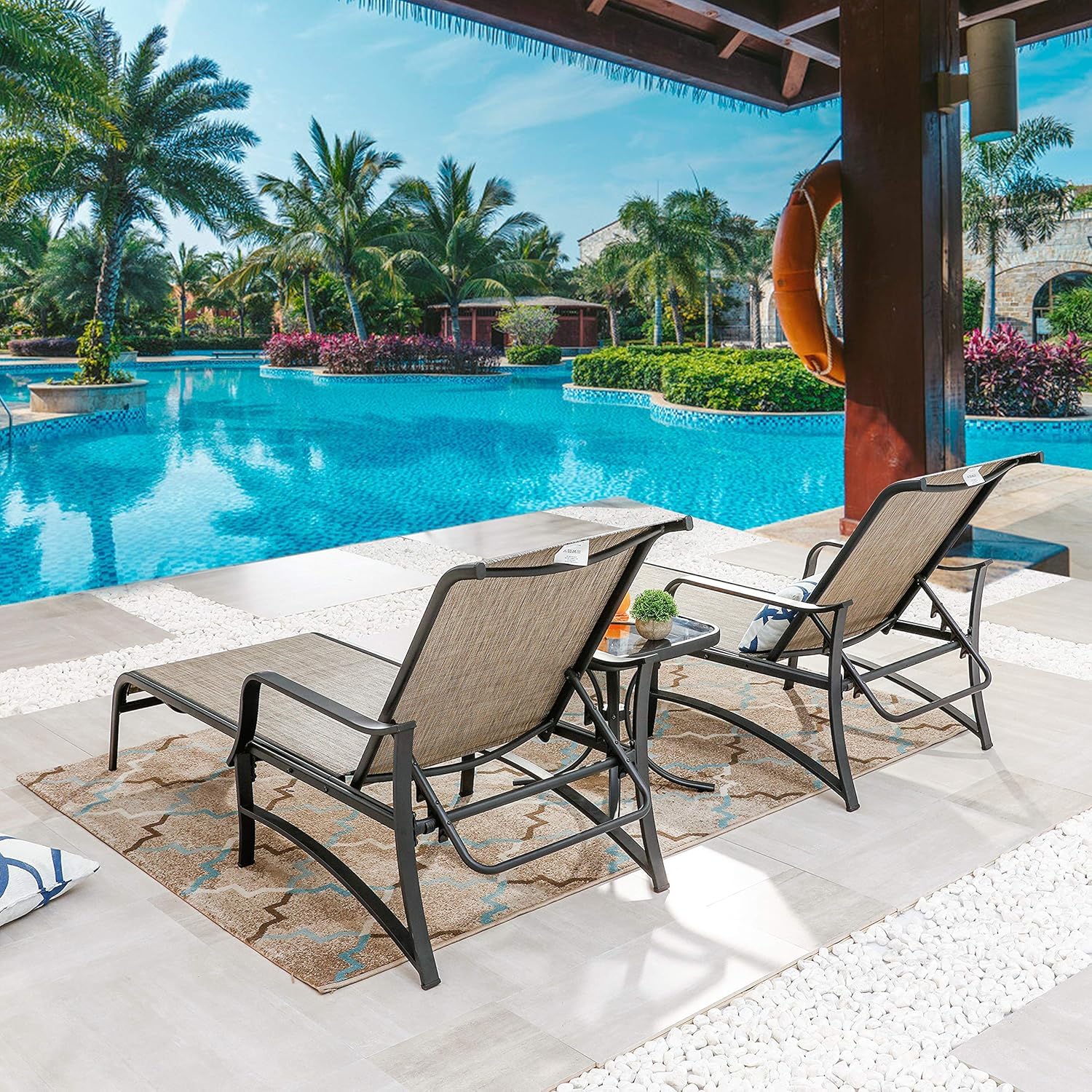LOKATSE HOME 3-Piece Outdoor Chaise Lounge Set with Adjustable Back - Steel Frame Patio Pool Chairs & Coffee Table in Grey - Perfect for Backyard, Poolside, and Garden Relaxation