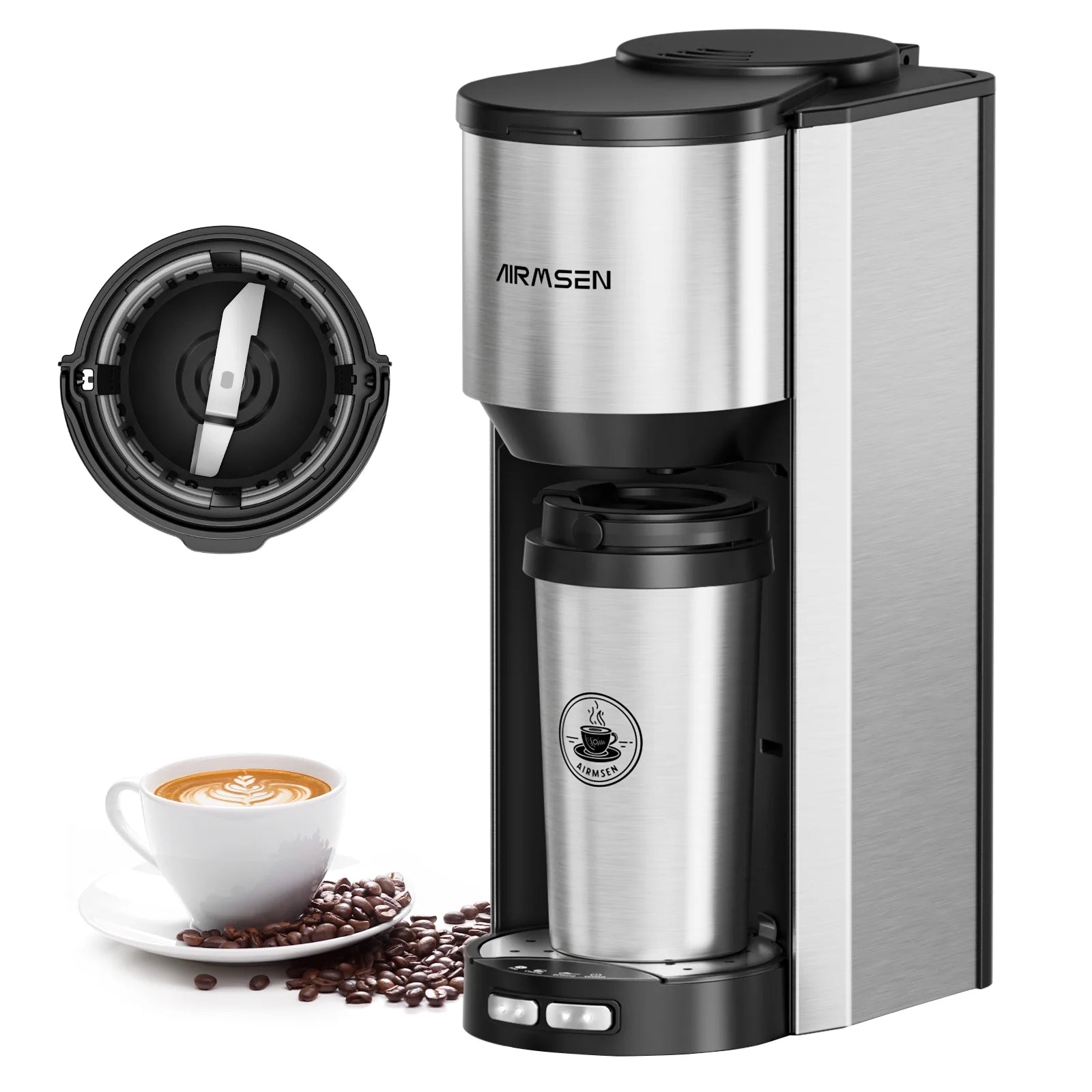 Premium Single Serve Coffee Maker with Built-in Grinder - Compatible with Whole Beans & Ground Coffee - Includes Travel Mug for Home, Office & On-the-Go Use