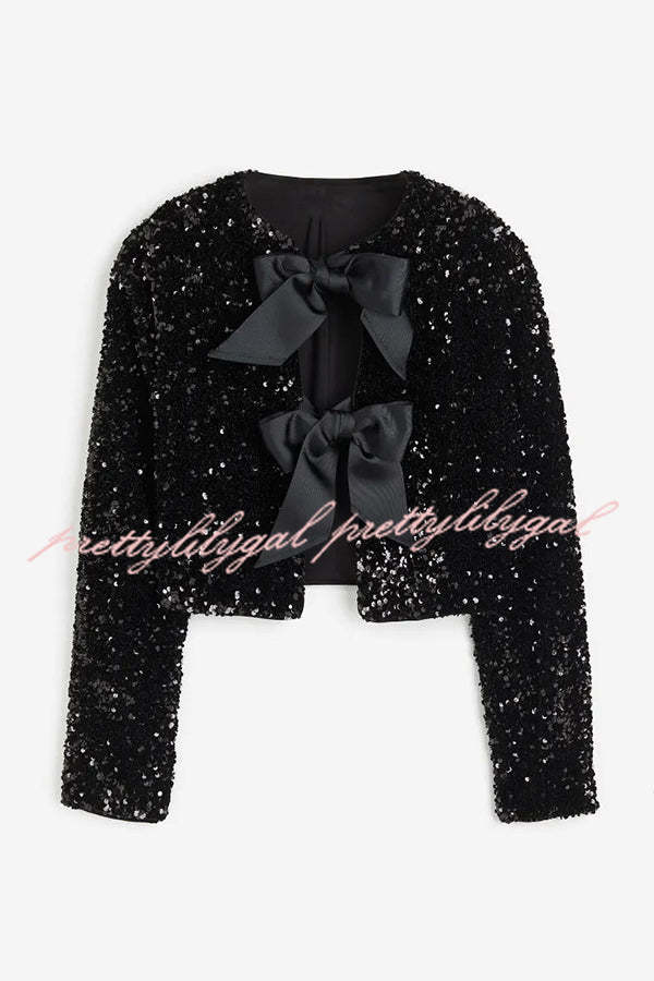 Elegant Tie-Front Bow Sequined Jacket for Women - Perfect for Parties & Date Nights | Two-Way Styling Options