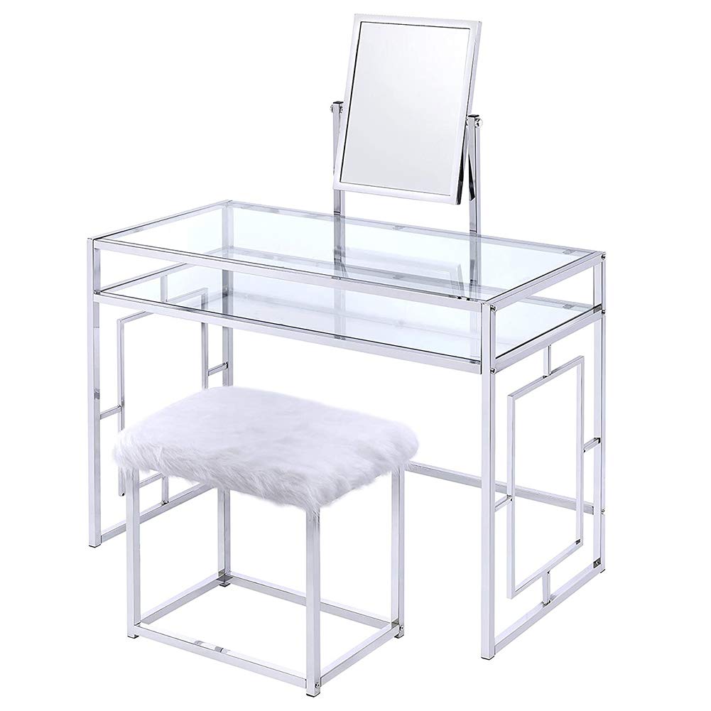 Elegant Glass Makeup Vanity Table Set with Mirror & White Faux Fur Stool - Chrome Dressing Table with Storage Shelf & Makeup Organizer - Perfect for Bedroom, Dressing Room & Beauty Salon Decor