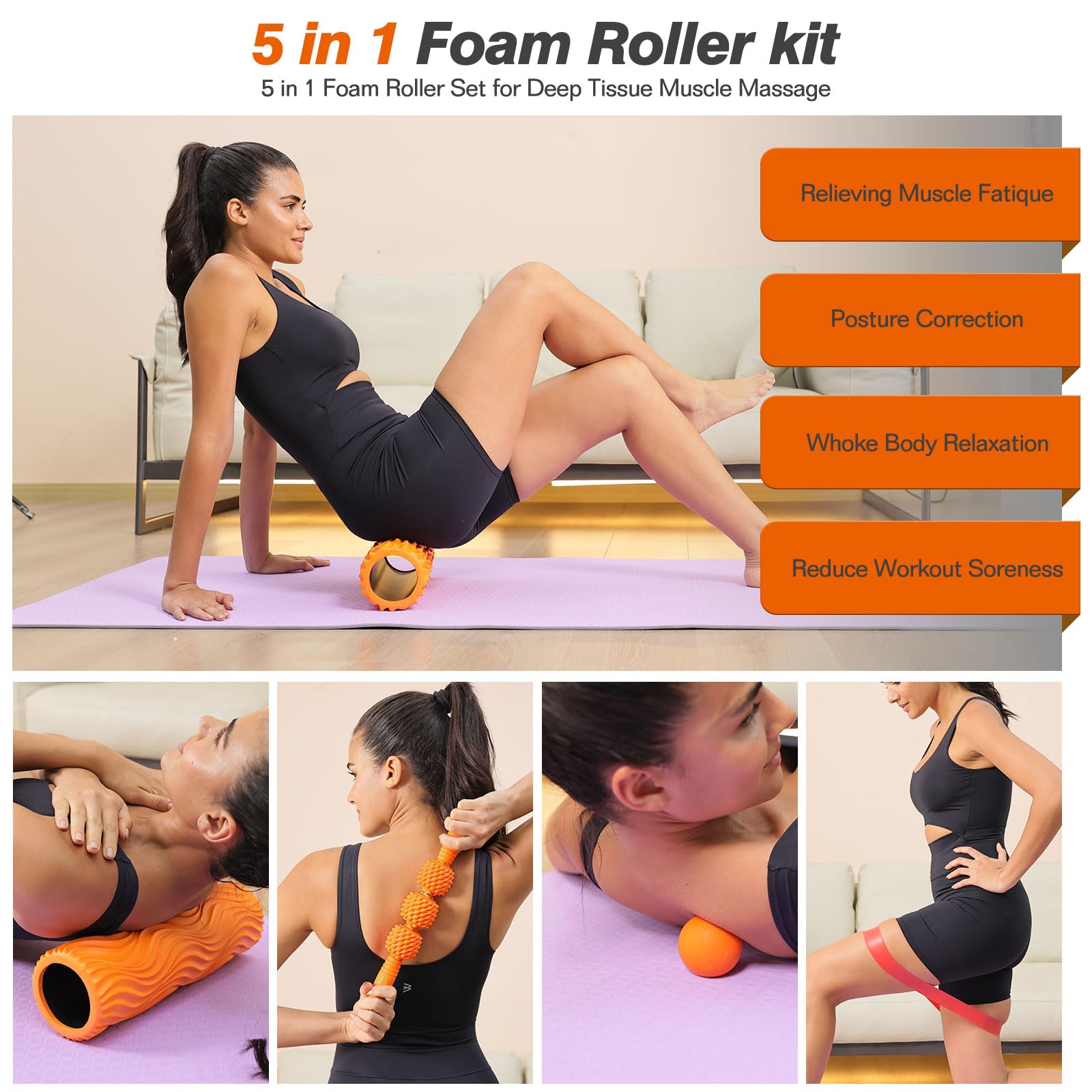 5 in 1 Foam Roller Kit - High Density Wave Textured Massage Roller for Back, Legs & Shoulders with Massage Stick, Ball & Exercise Bands - Perfect for Deep Tissue Relief, Yoga, Pilates & Fitness Workouts (Orange) - Ideal for Home Gym, Physical Therapy & Post-Workout Recovery