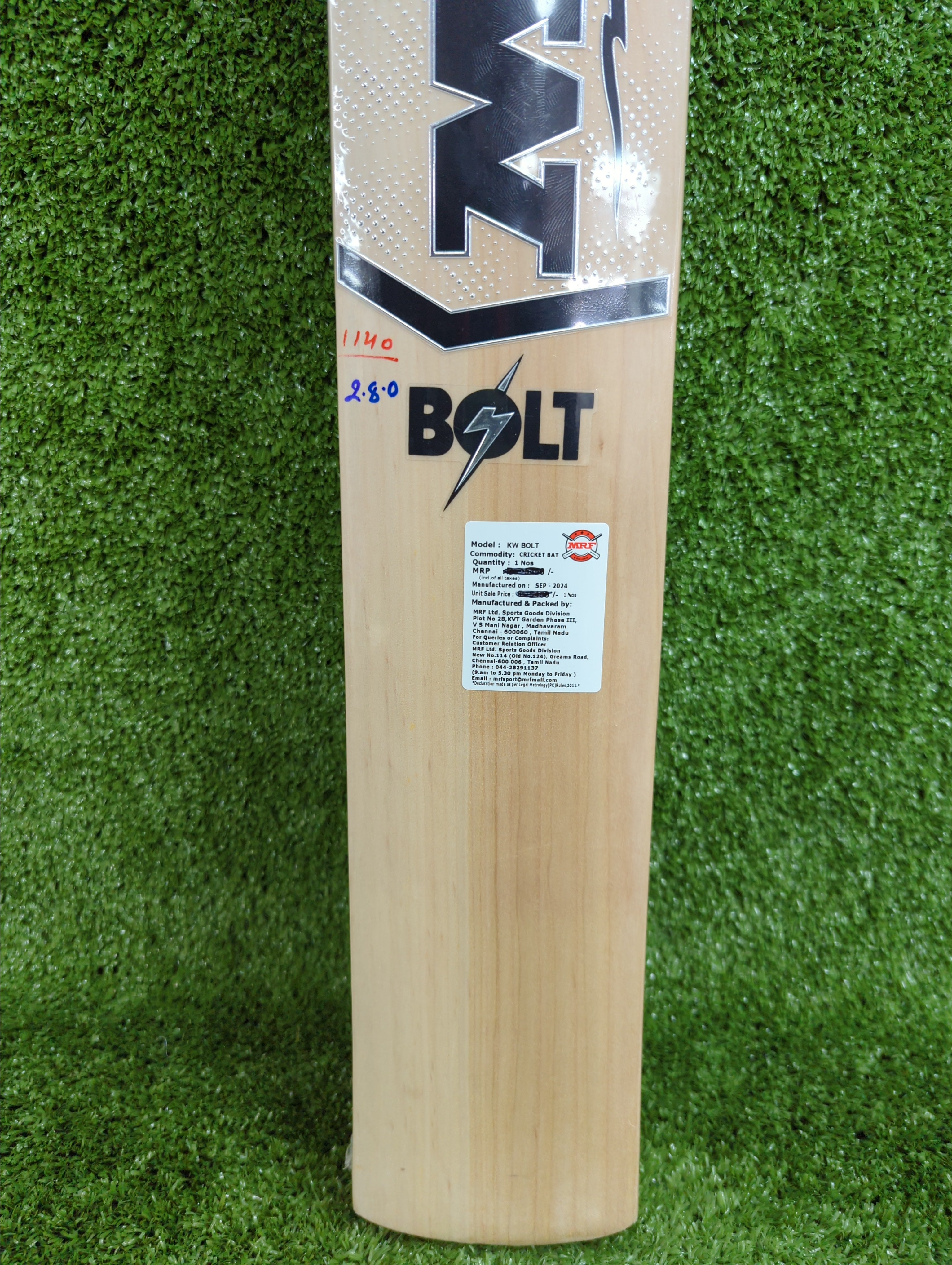 MRF Bolt Kashmir Willow Cricket Bat - Lightweight & Durable for Professional & Casual Play - Perfect for Matches, Practice & Backyard Cricket