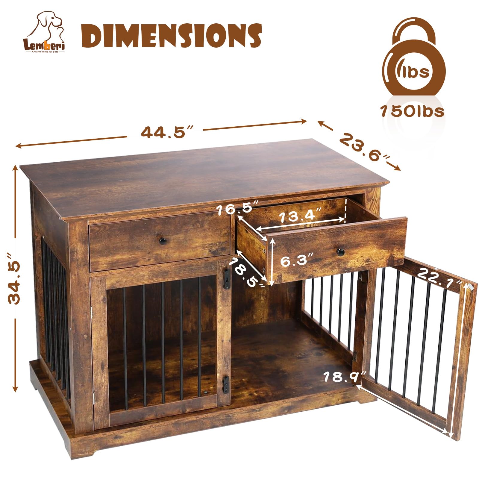 LEMBERI 44 Inch Large Dog Crate Furniture - Wooden Dog Kennel End Table with Storage Drawers | Indoor Pet Cage & Dog House for Medium to Large Dogs | Perfect for Living Room, Bedroom or Office (Brown)