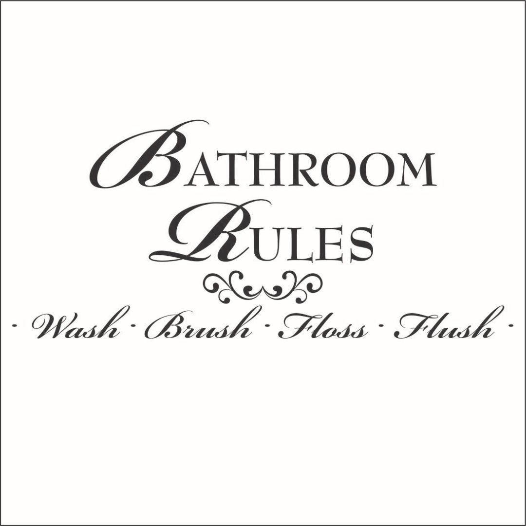 Omega Bathroom Rules Vinyl Decal - Wash Brush Floss Flush - Large Green Wall Sticker for Bathroom Decor, Kids Room, or Nursery