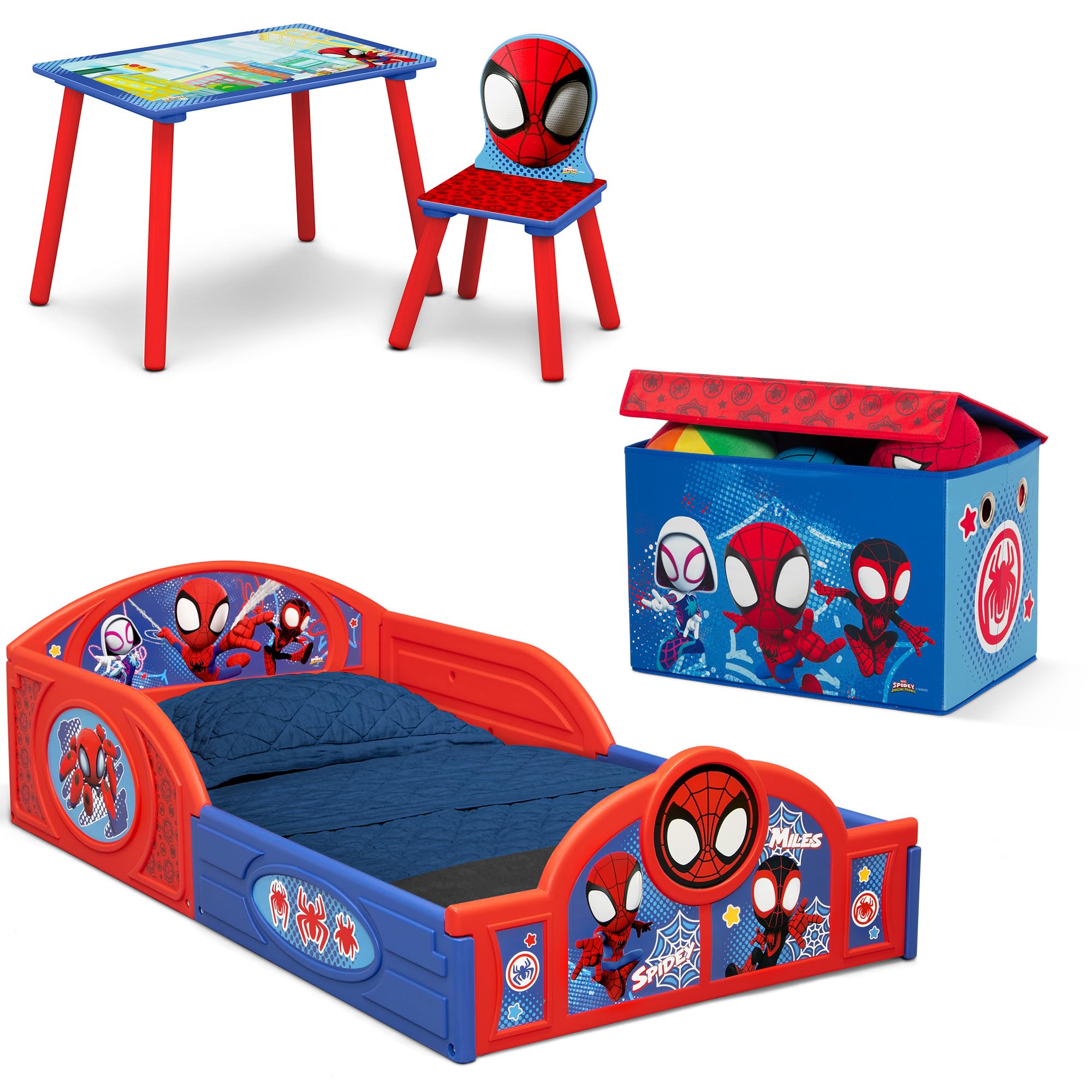 Marvel Spidey and His Amazing Friends 4-Piece Toddler Bedroom Set - Blue/Red Kids Furniture with Toddler Bed, Table, Chair & Fabric Toy Box | Perfect for Superhero-Themed Nursery & Playroom Decor