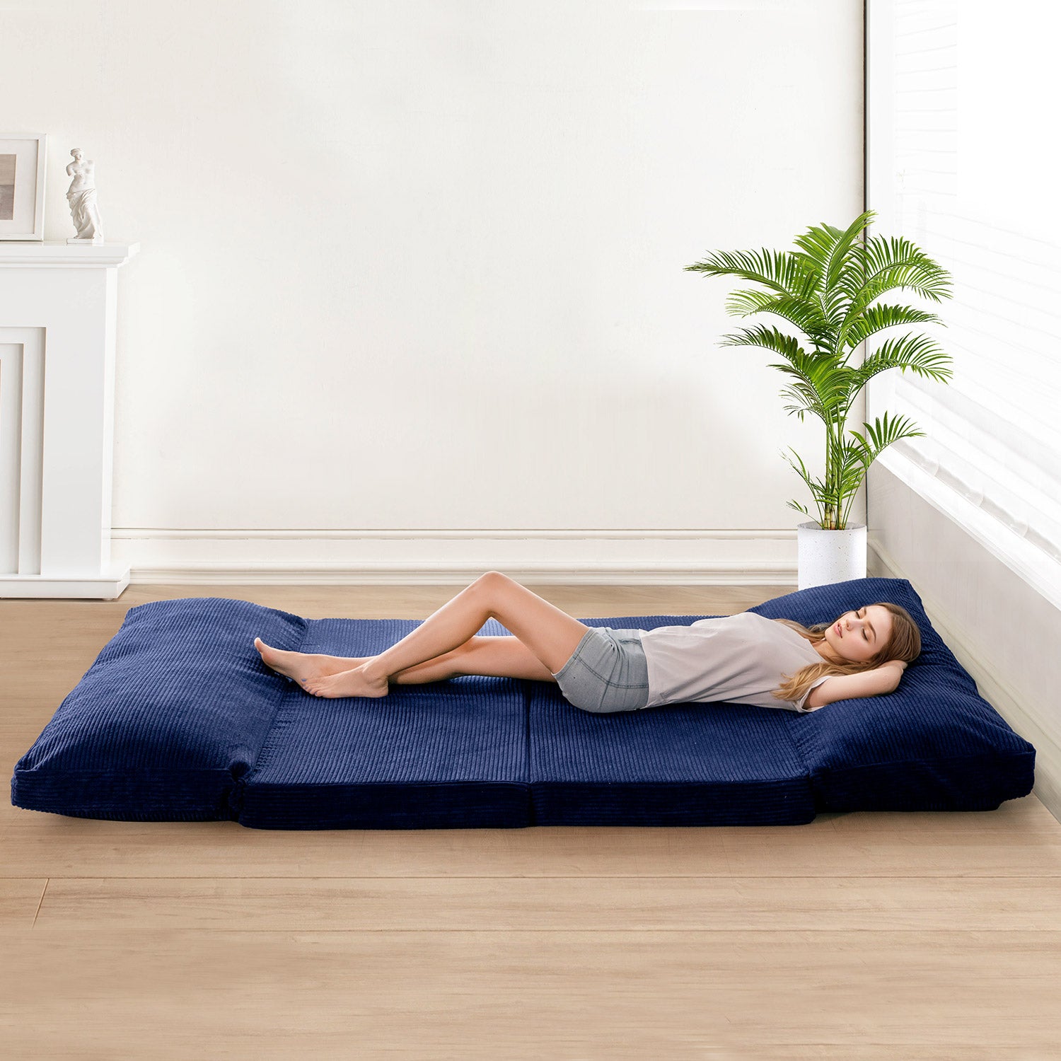 MAXYOYO Foldable Bean Bag Sofa Bed with Washable Corduroy Cover - Navy Blue | Comfortable Lounge Chair for Living Room, Bedroom & Dorm | Perfect for Relaxing, Reading & Napping