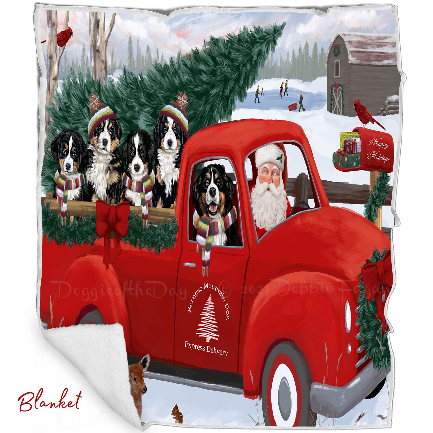 Premium Christmas Gift Basket for Dog Lovers - Santa Express Delivery with Red Truck Design, Bernese Mountain Dog Themed Blanket, Pillow, Coasters, Magnet, Coffee Mug & Ornament Set | Perfect Holiday Gift for Pet Owners, Home Decor & Cozy Winter Nights