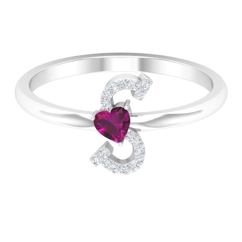 Rhodolite & Diamond Initial Rings for Women - A to Z Alphabet Letter Rings in 14K White Gold | Personalized Heart Jewelry for Gifts, Anniversaries & Special Occasions