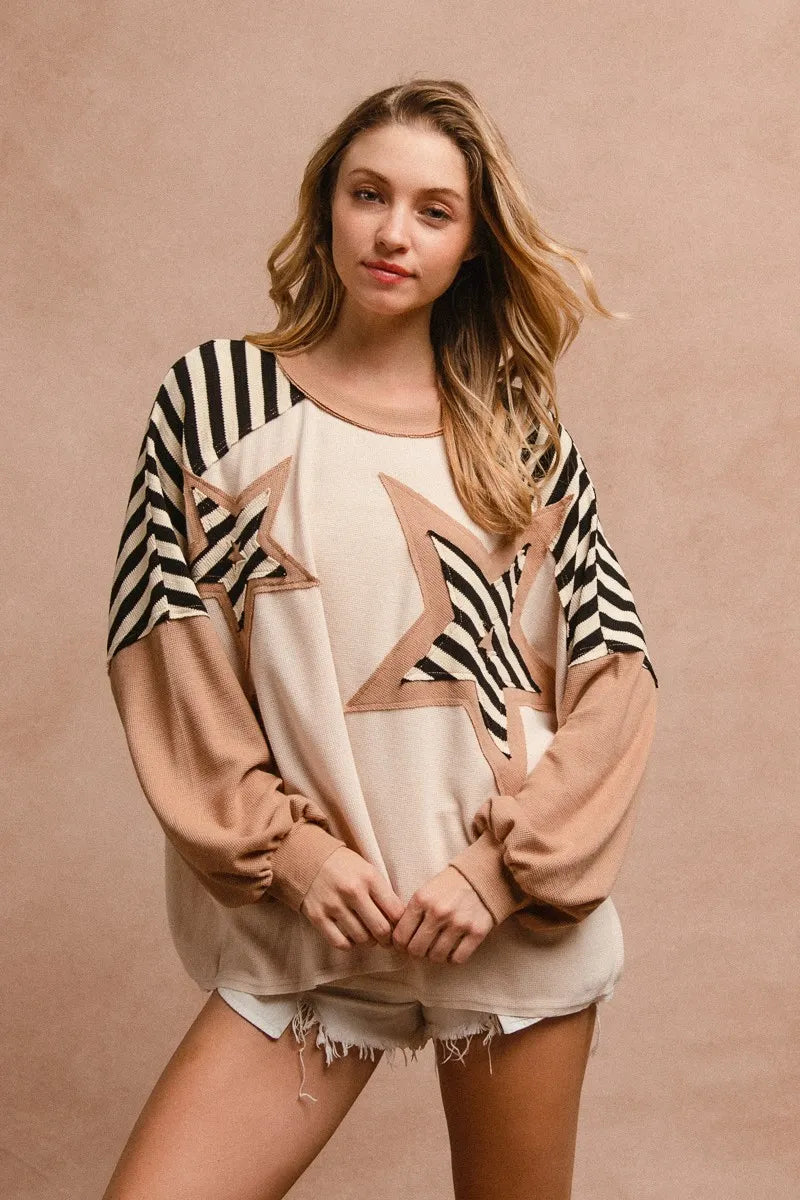 BiBi Star Patchwork Mixed Long Sleeve Top for Women - Stylish Boho Chic Blouse for Casual Wear, Date Night & Office Outfits