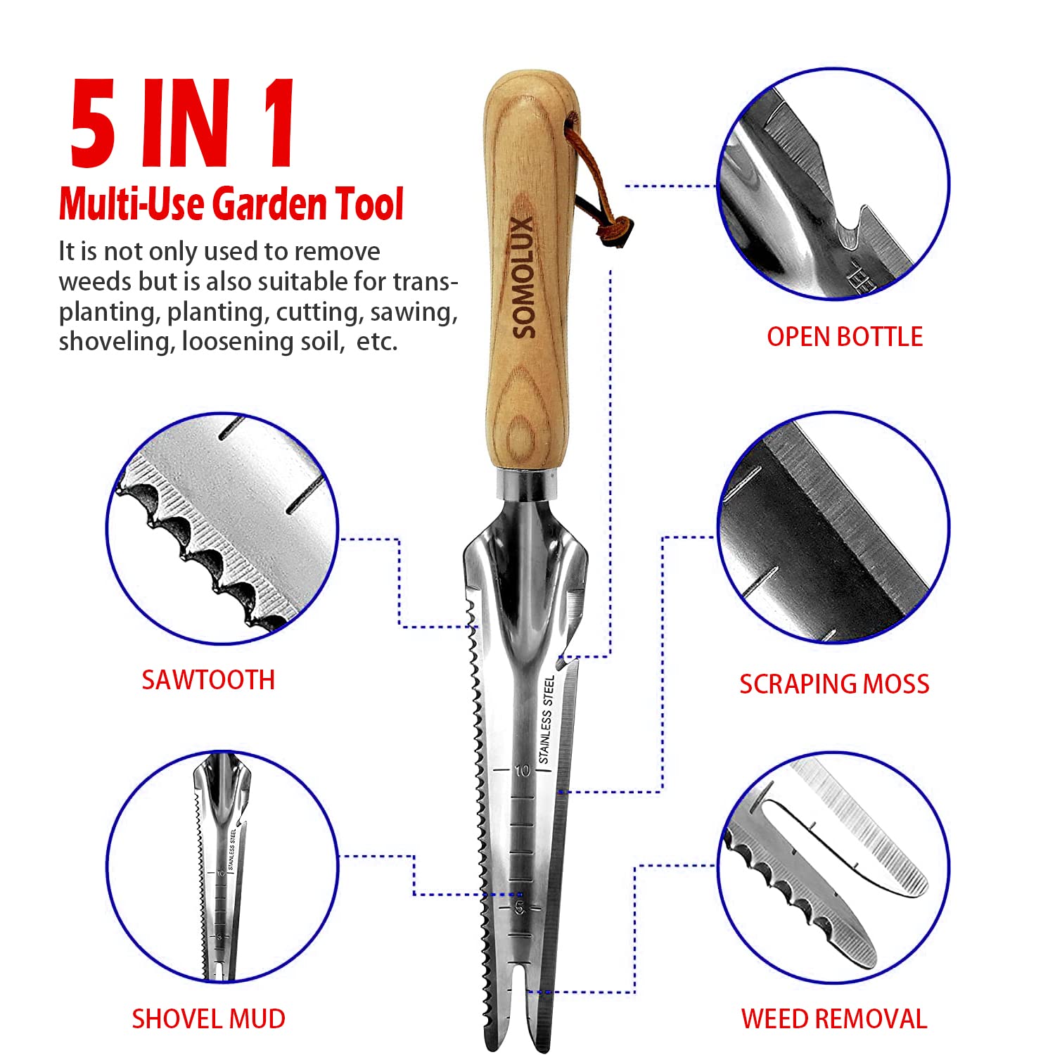 SOMOLUX Stainless Steel Garden Tool Set - Multi-Function Shovel, Hand Weeder, Soil Knife with Wood Handle for Planting, Weeding, Digging, Transplanting & Cutting | Perfect for Home Gardening, Landscaping & Outdoor Activities