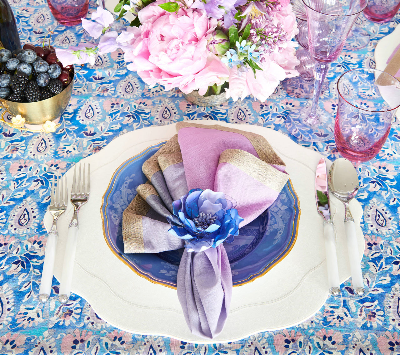 Lilac & Blue Mira Tablecloth - Elegant Floral Design for Dining Room, Kitchen, and Party Decor