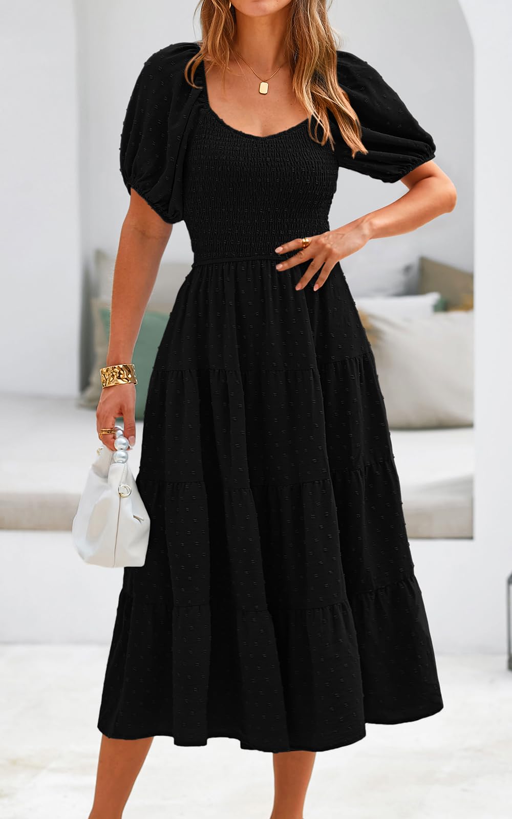PRETTYGARDEN Women's Floral Chiffon Maxi Dress with Puff Sleeves & V-Neck - Swiss Dot High Waist Tiered Smocked Summer Dress for Beach, Wedding, Party & Vacation 2025 Fashion Trends