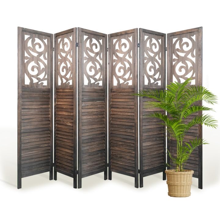5.6FT Folding Wood Room Divider Panel - 6 Panel Rustic Brown Partition Screen for Bedroom, Office & Living Room Separation - Handcrafted Wooden Room Divider for Privacy & Home Decor