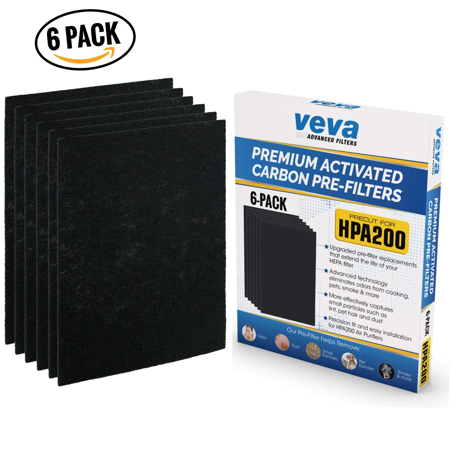 VEVA Air Purifier Filter Replacements - 6 Pack Precut Activated Carbon Pre-Filters for Honeywell HPA200 Series | Compatible with HPA200, HPA200B, HPA200W | Improves Air Quality in Bedrooms, Offices & Living Rooms