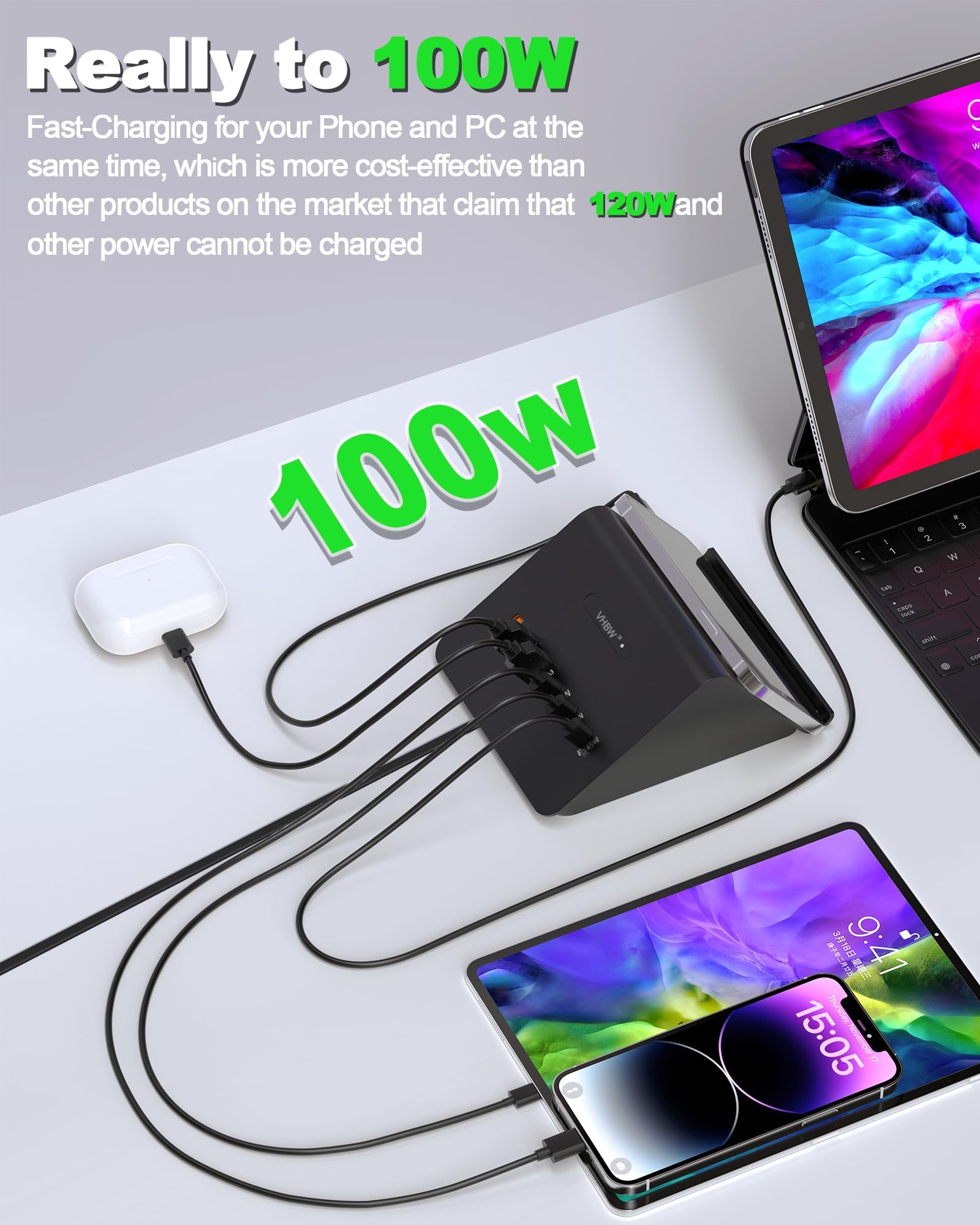 100W GaN 6-Port USB C Charging Station with 45W PD & 15W Wireless Charger - Fast Multi-Device Charger for iPhone, iPad, Samsung Galaxy, MacBook, Laptops - Perfect for Home, Office & Travel Accessories