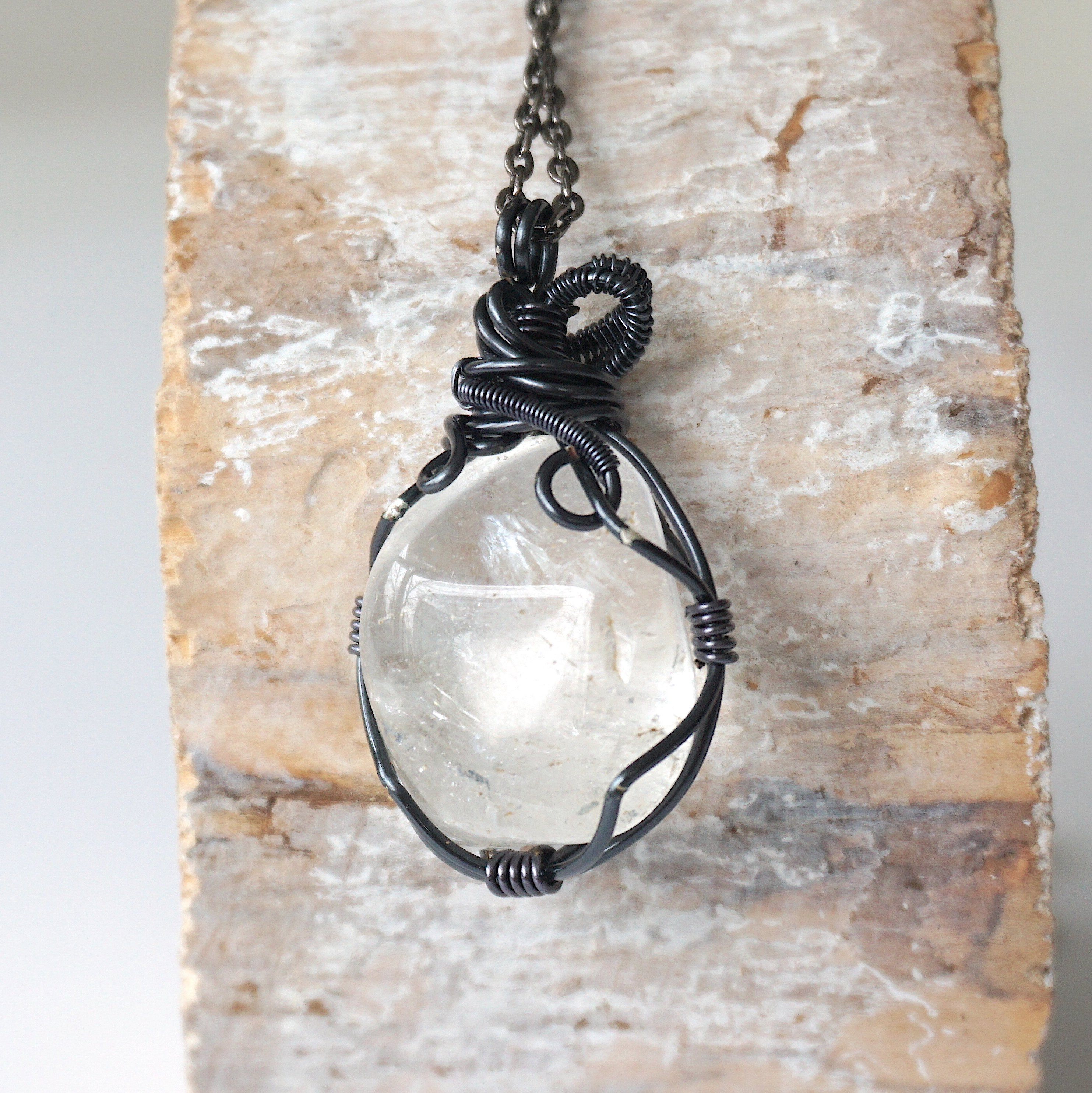 Men's Clear Quartz Pendant Necklace with Gunmetal Wire Wrap - Spiritual Healing Jewelry for Meditation, Energy Cleansing & Everyday Wear