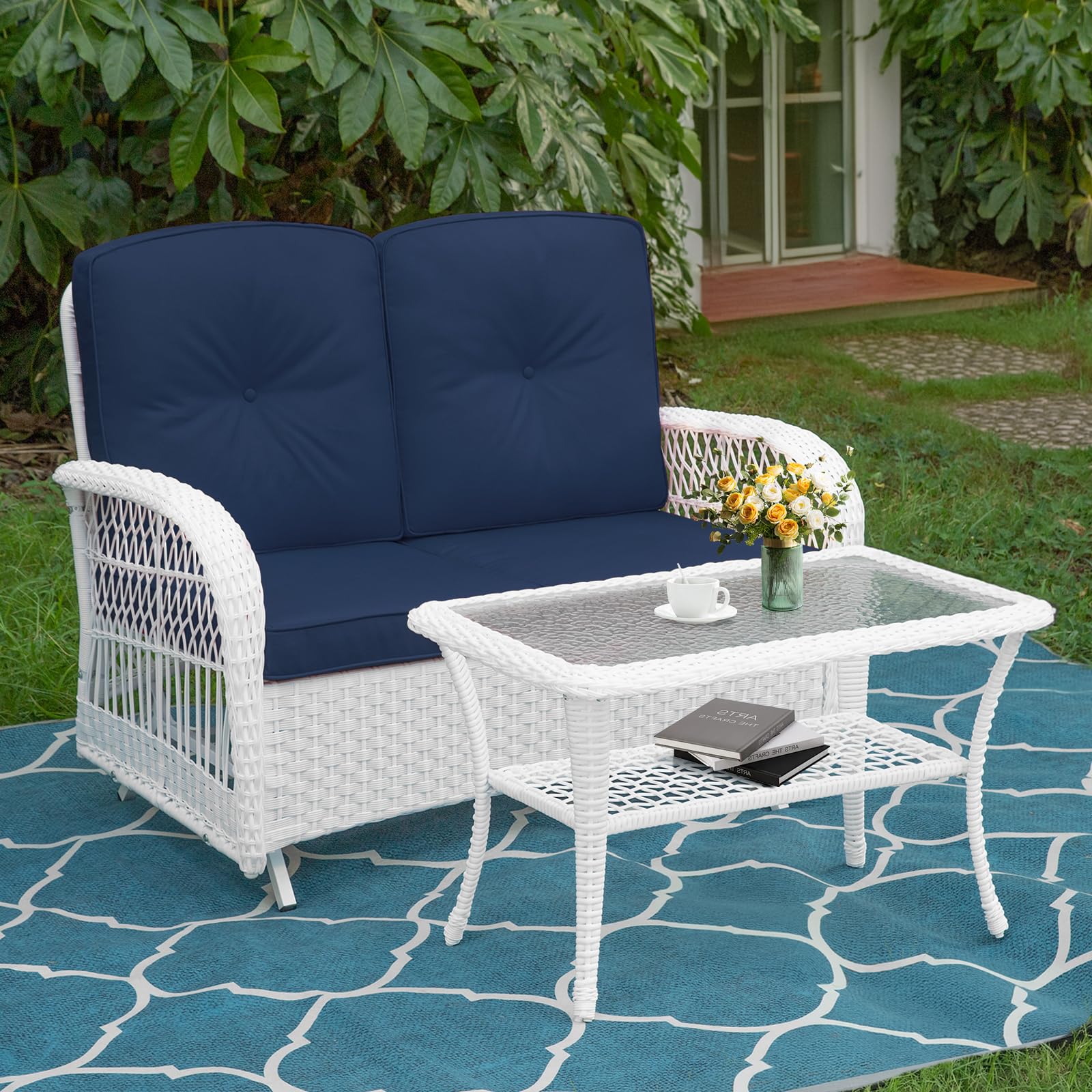 MEETWARM 2-Person Outdoor Wicker Patio Glider Set with Glass-Top Coffee Table & Thickened Cushions - White Wicker/Navy - Perfect for Porch, Garden, Backyard Relaxation and Outdoor Entertaining