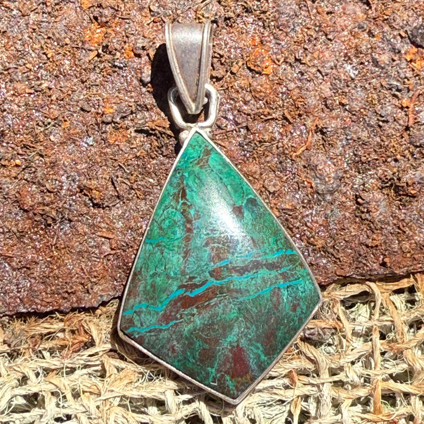 Vintage 950 Sterling Silver Chrysocolla Parrot Wing Pendant - Dark Green Gemstone Jewelry for Women, Unique Handmade Necklace Gift for Birthday, Anniversary & Special Occasions