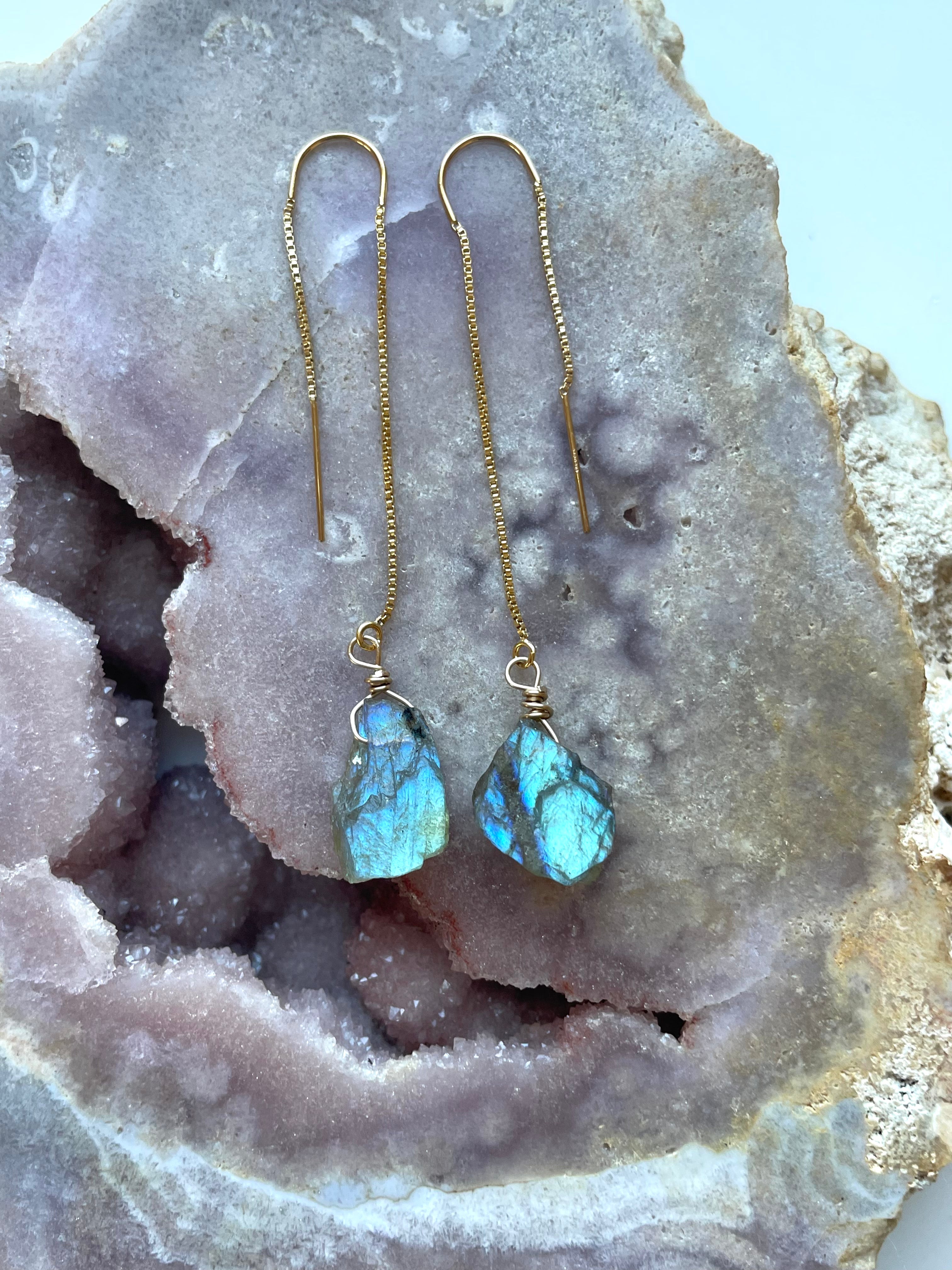 Labradorite Threader Earrings - Sterling Silver or 14K Gold Filled Dangle Earrings for Women | Healing Crystal Jewelry for Everyday Wear & Special Occasions