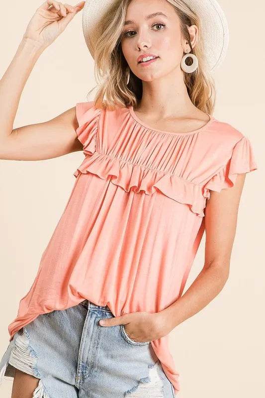 BiBi Jersey Knit Gathered Ruffled Top - Women's Fashion Blouse for Casual Wear, Date Nights & Office Outfits