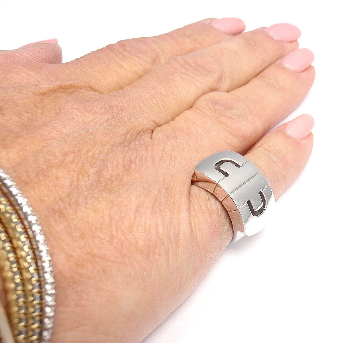 Authentic Bvlgari Bulgari 18K White Gold Parentesi Ring Band - Size 5, Classic Luxury Jewelry for Women - Perfect for Weddings, Anniversaries & Special Occasions