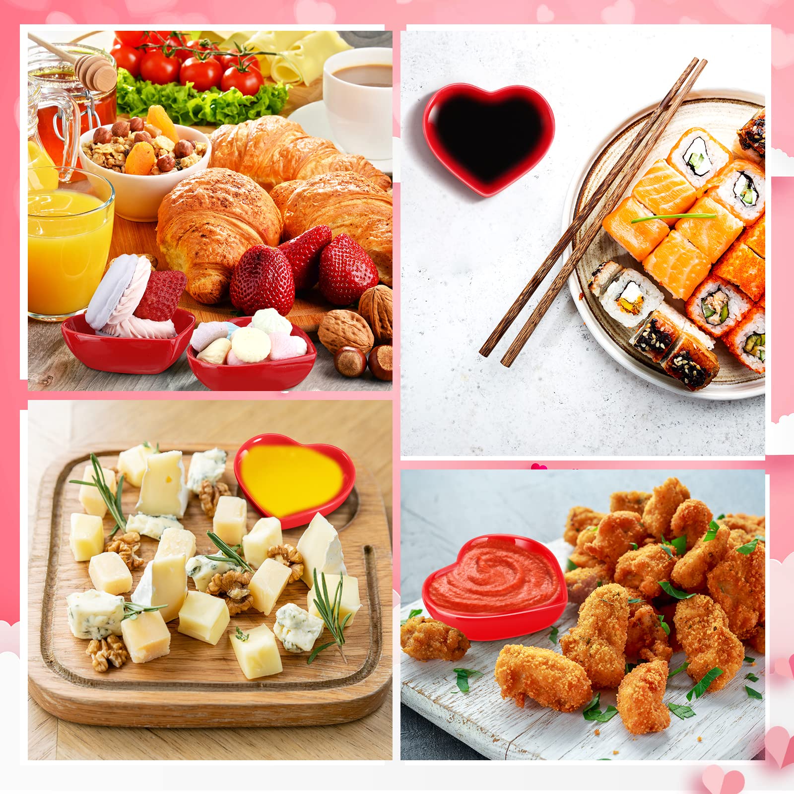 Zopeal 16 Pcs Heart Shaped Ceramic Bowls - Valentine's Day Candy Dishes, Red Love Sauce Plates, Multipurpose Serving Bowls for Candy, Sushi, Dipping & Seasoning | Perfect for Birthday Parties, Romantic Dinners & Holiday Gatherings