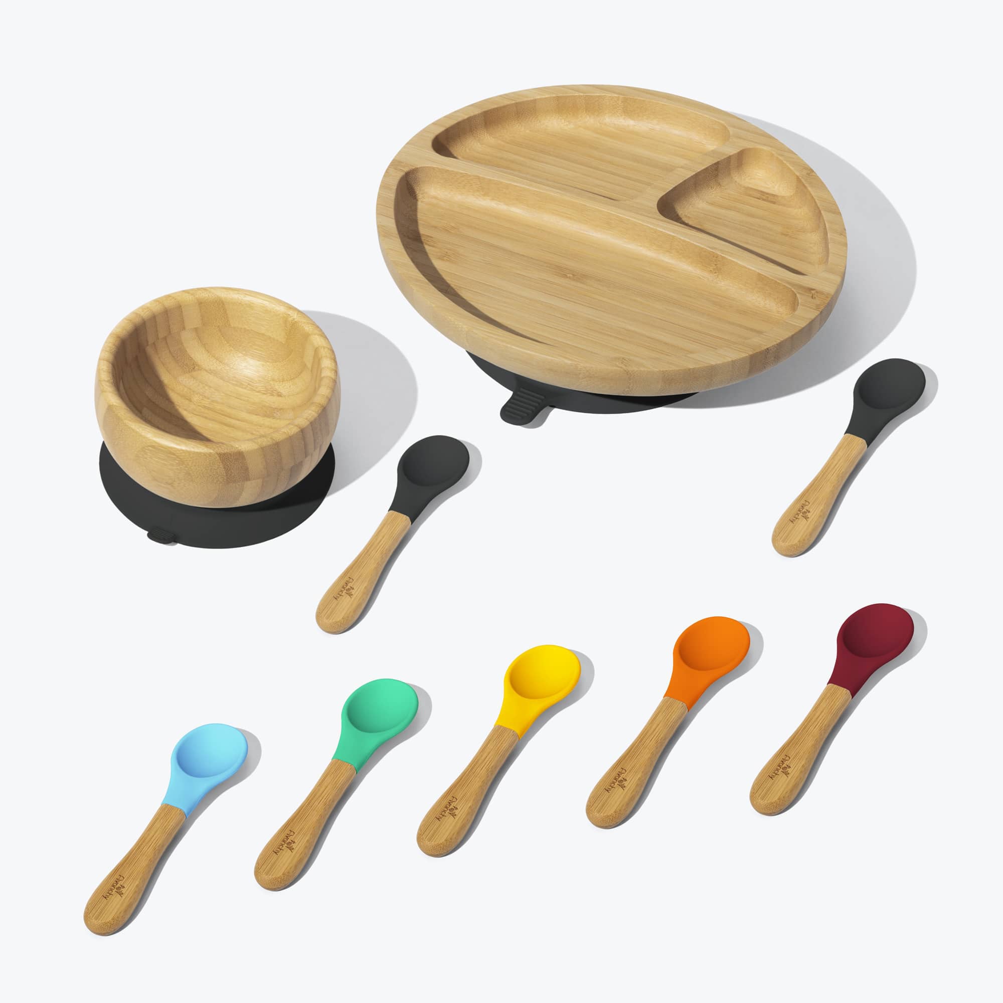 Avanchy Rainbow Toddler Feeding Set - Divided Plate, Bowl & 7 Spoons (Black) | BPA-Free Baby Tableware for Mess-Free Mealtime | Perfect for Home, Daycare & Travel