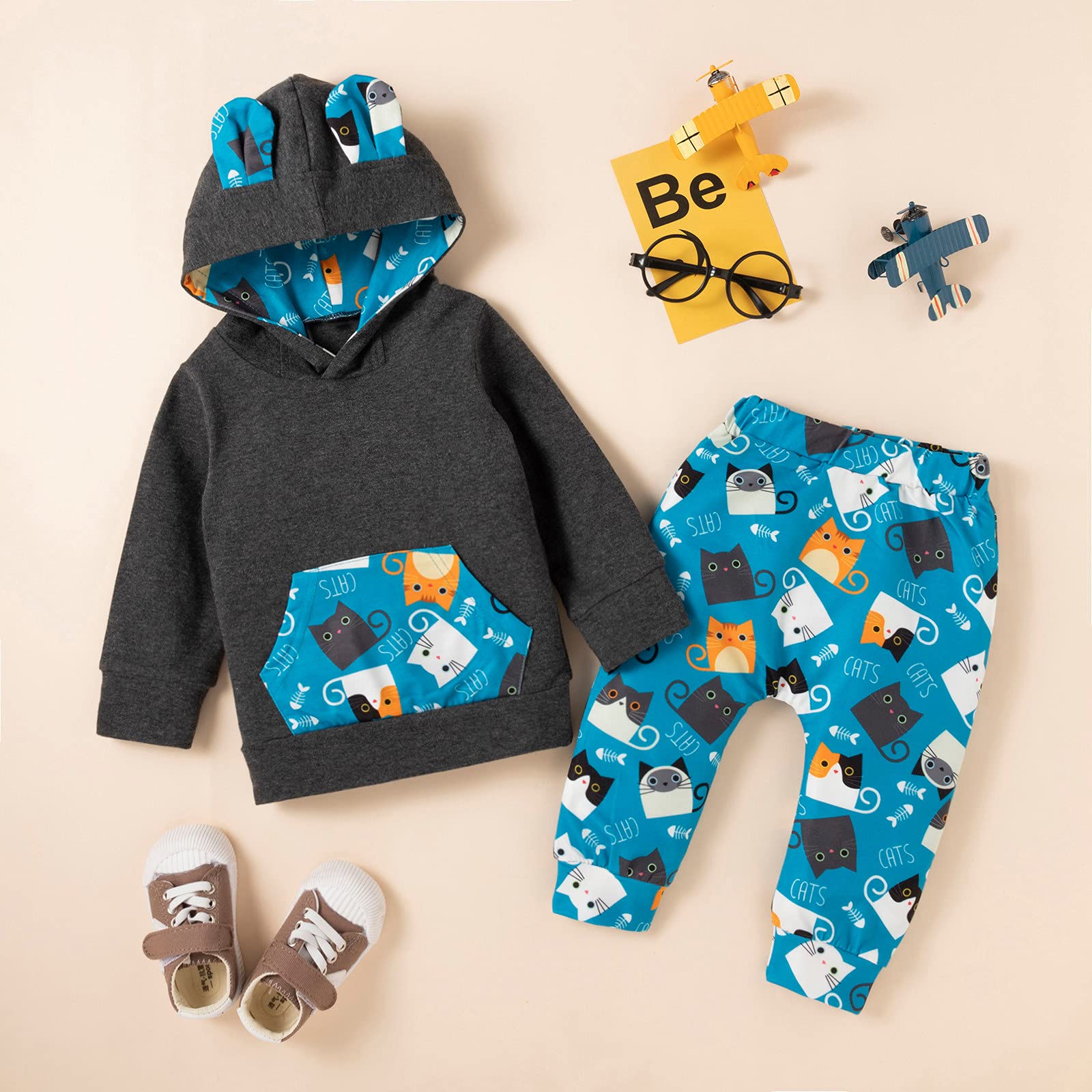 Adorable Cartoon Cat Long Sleeve Hooded Top Set for Newborn Baby Girls & Boys - Soft Infant Clothes for Playdates, Photo Shoots & Everyday Comfort