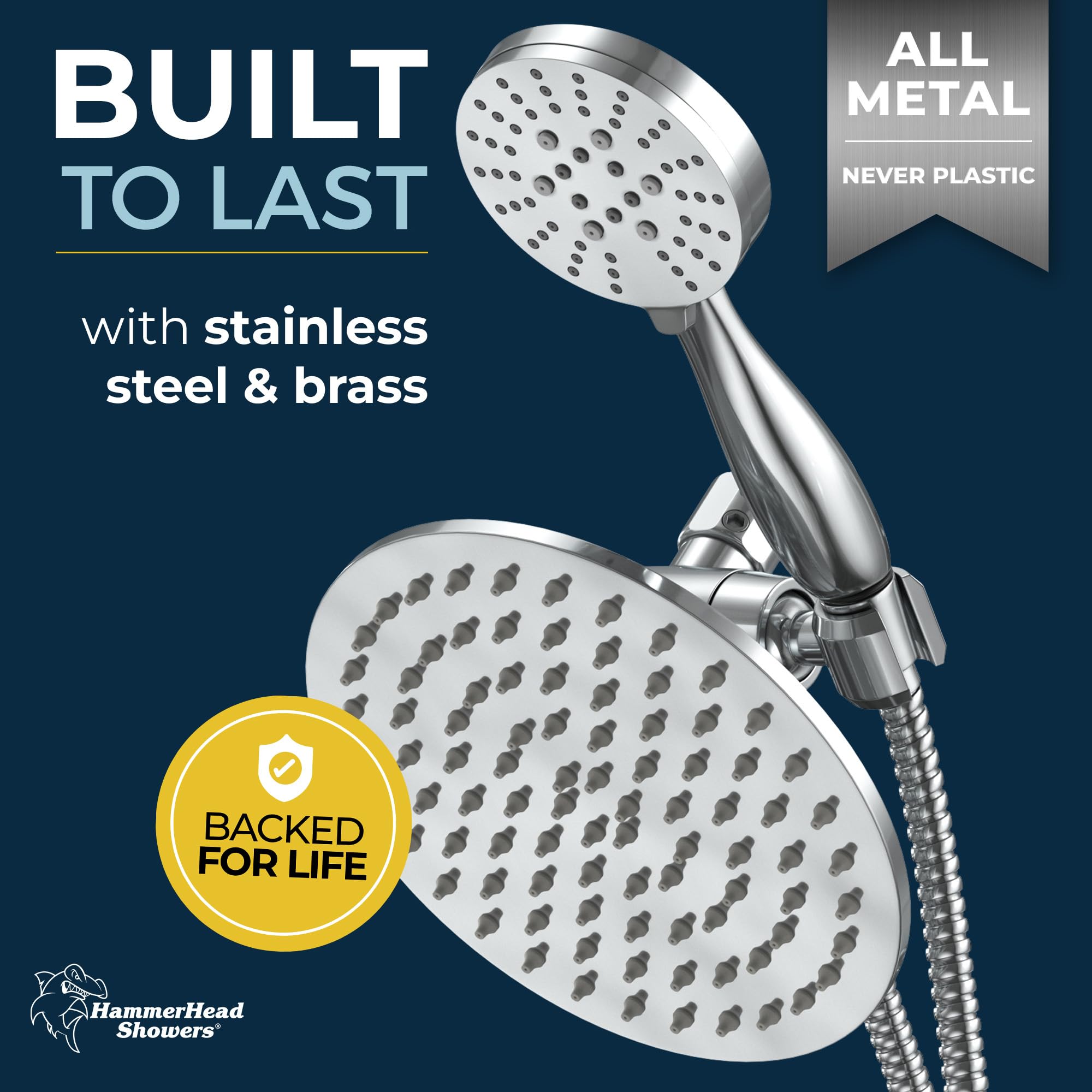 HammerHead Showers® ALL METAL Dual Shower Head Combo - 8 Inch Rainfall High Flow Shower Head & 3-Setting Handheld Shower with 6ft Hose - Chrome Finish - High Pressure for Luxurious Spa Experience - Perfect for Master Bathroom and Guest Bathroom Renovation