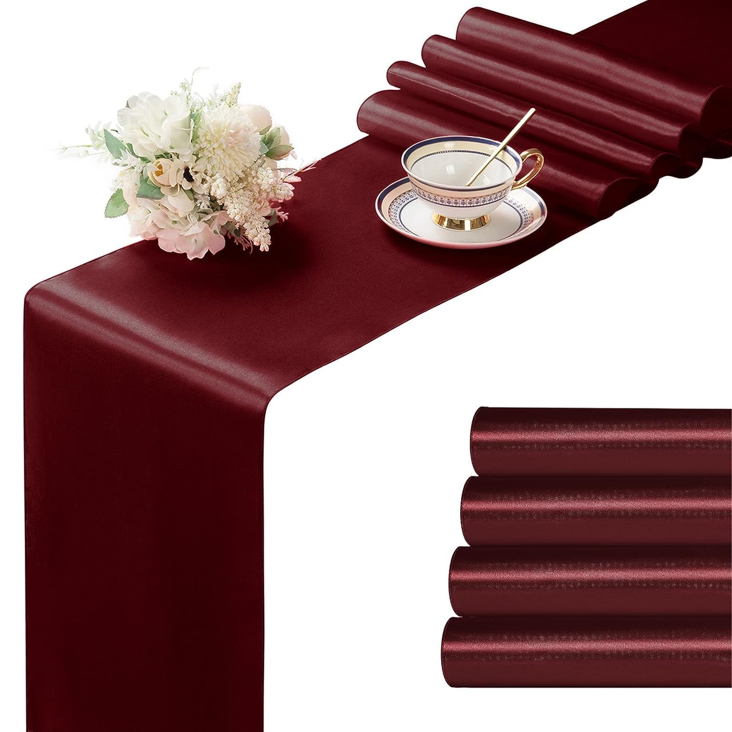 Manyshofu 4Pcs Satin Maroon Table Runners - 12 x 108 Inch Long Elegant Table Decor for Weddings, Banquets, Birthdays & Graduations | Perfect for Buffet Tables, Dinner Parties & Special Events