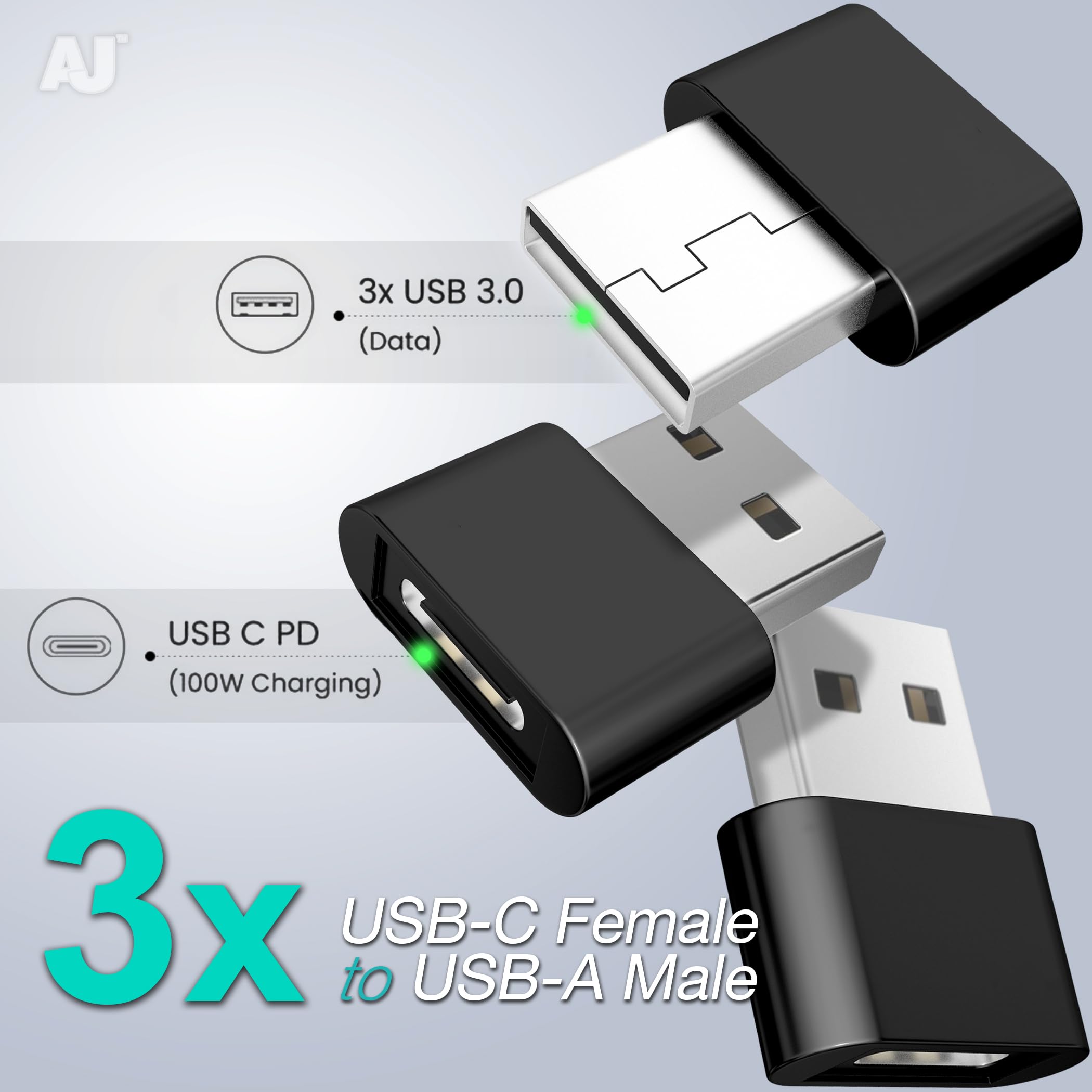 3 Pack USB C to USB Adapter, Type C Female to USB A Male Converter - Compatible with iPhone 15/14/13/12, MacBook, iPad, AirPods, Galaxy S23/S24, CarPlay - Fast Charging Data Transfer for Home, Office & Travel