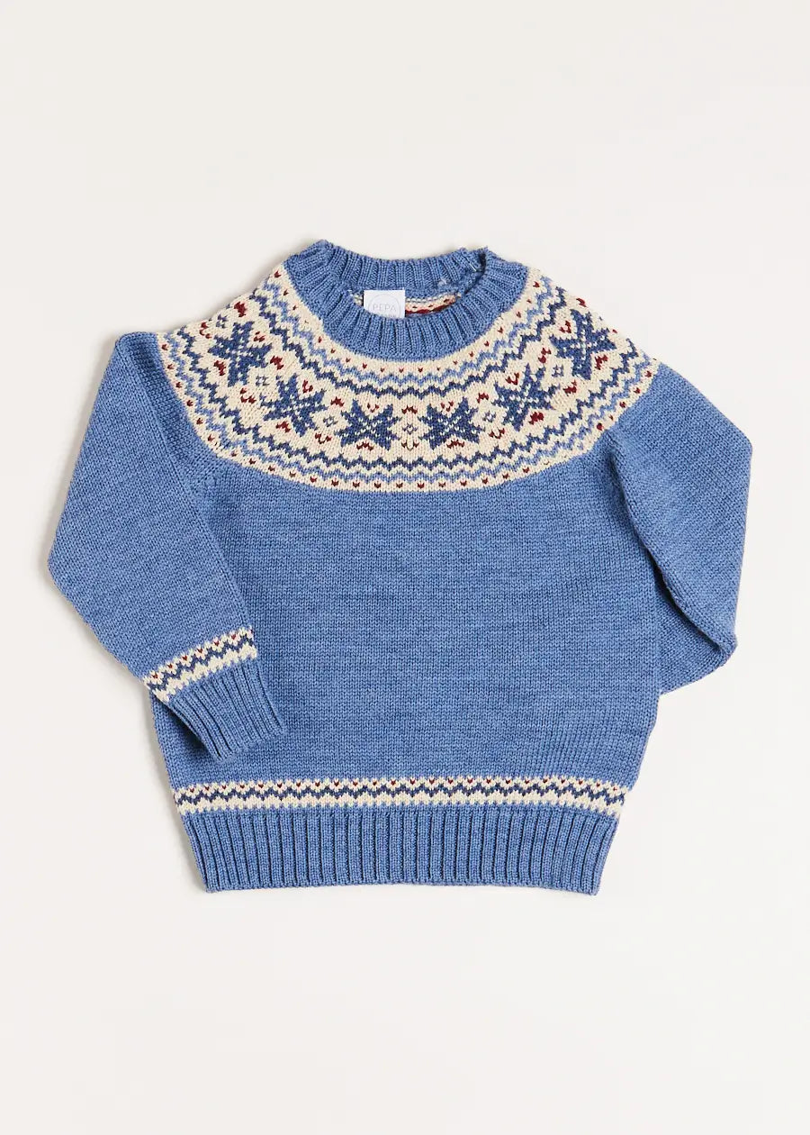 Classic Blue Fair Isle Knit Sweater for Kids (18 Months to 10 Years) - Cozy Winter Wear for School & Outdoor Activities