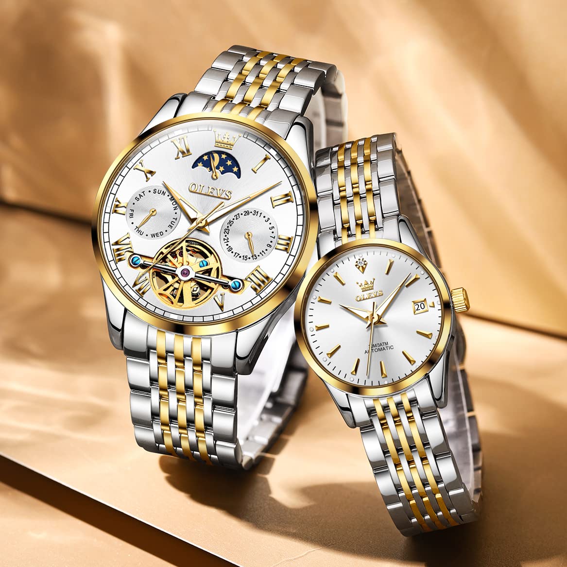 OLEVS Automatic Mechanical Self-Winding Couple Watches Set - Matching His & Hers Dress Watches for Anniversary, Wedding & Valentine's Day Gifts - Perfect for Formal Events, Date Nights & Special Occasions