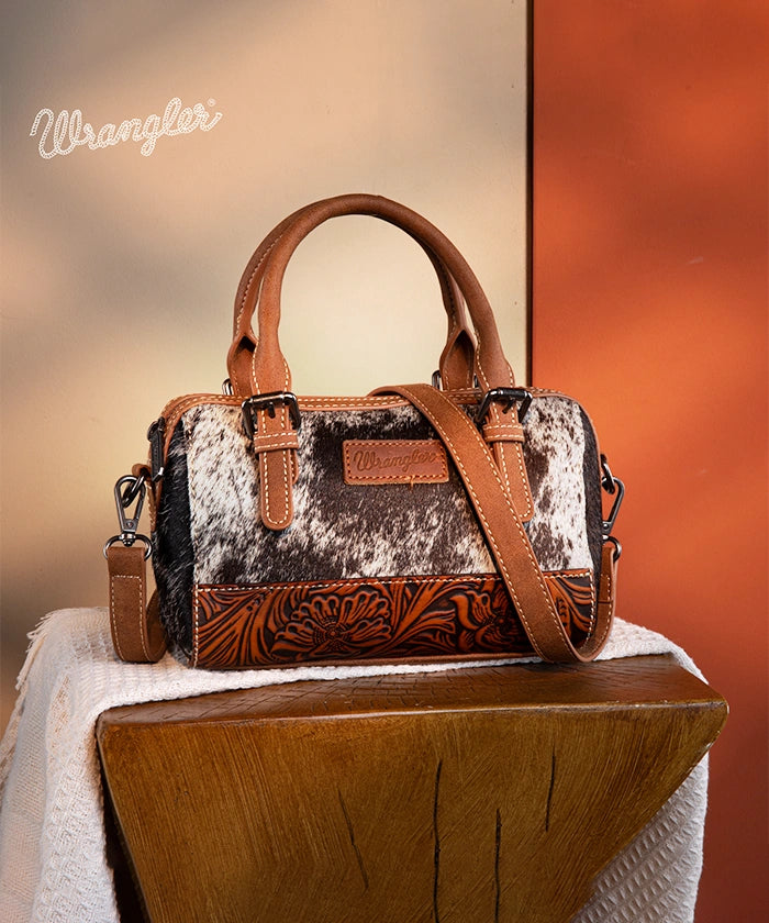 Wrangler Genuine Hair-On Cowhide Barrel Bag - Western Style Leather Crossbody Purse for Women | Perfect for Rodeo, Country Music Festivals & Everyday Use