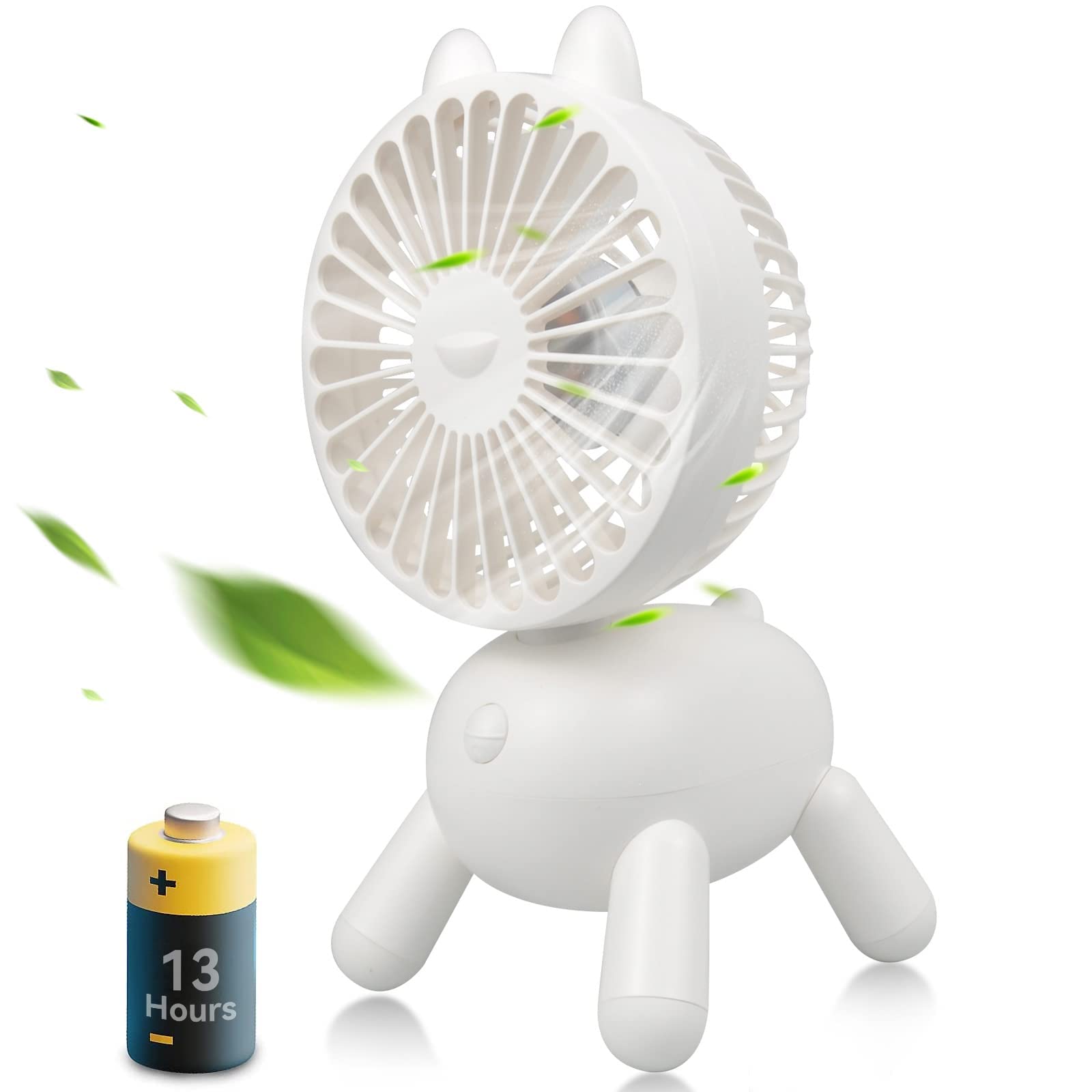 VEAREAR 8 Inch Portable Rechargeable Mini Desk Fan with Rotating Head - 13 Hours Battery Life, 3 Speed Settings, Cute Dog-Shaped Design - Perfect for Home, Office, Desktop, Dorm Room, Bedside & Outdoor Use (White)