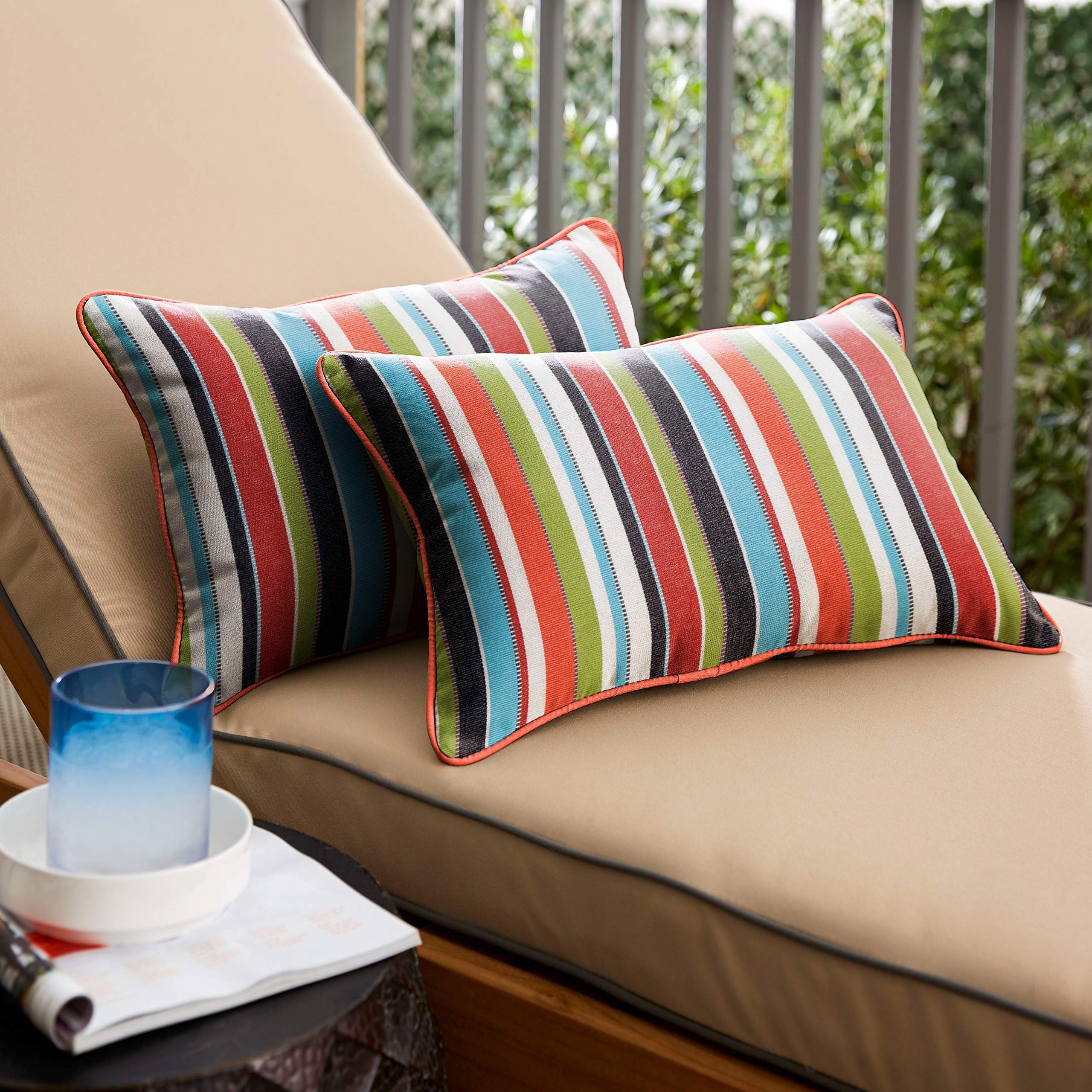 Set of 2 Blue & Multicolor Striped Lumbar Pillows - 16x26 Inch Indoor/Outdoor Decorative Throw Pillows | Fade & UV Resistant for Sofa, Patio & Bedroom Decor