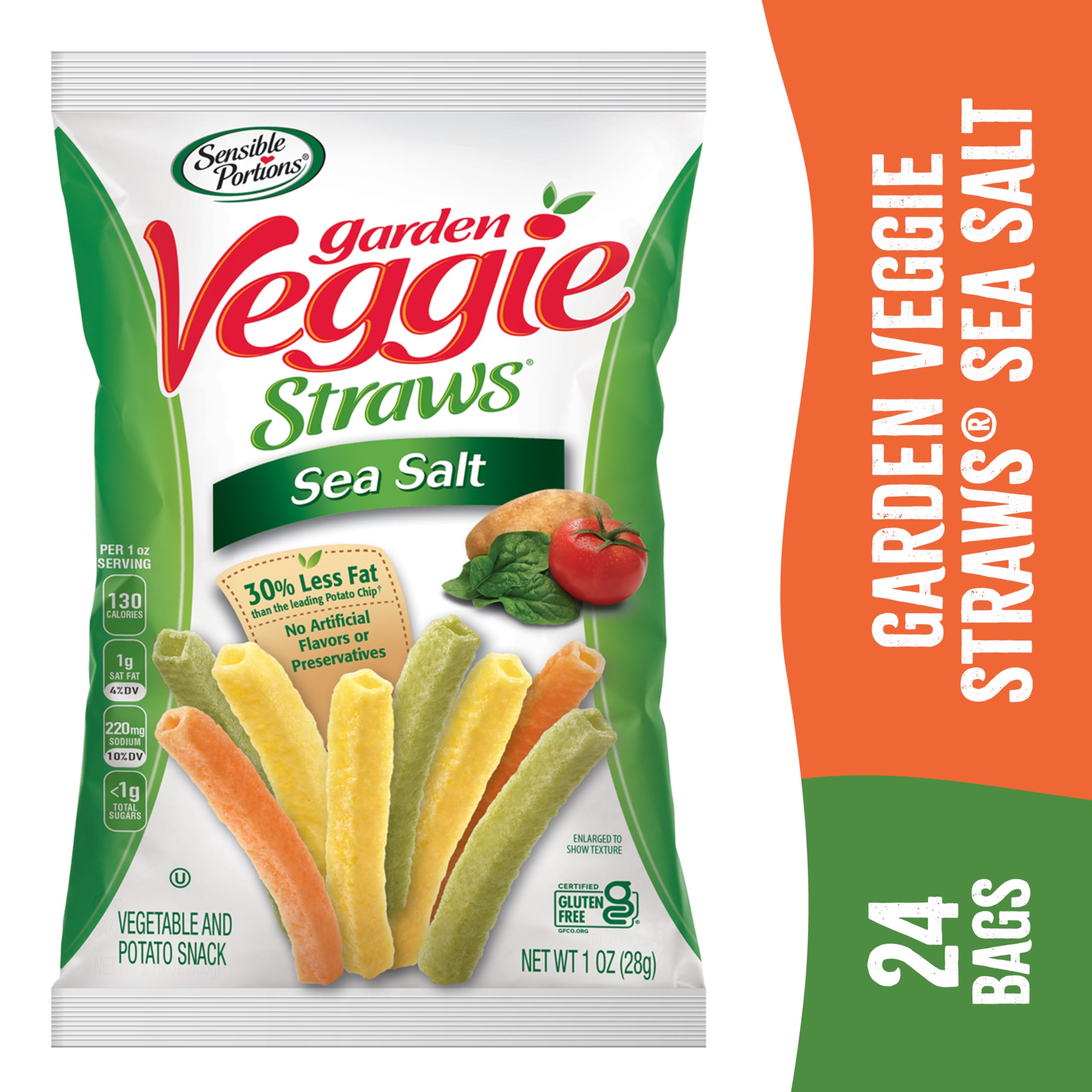 Sensible Portions Garden Veggie Straws - Sea Salt Snack Size (1 Oz, Pack of 24) | Healthy Vegan Gluten-Free Chips | Perfect for School Lunches, Parties & On-the-Go Snacking